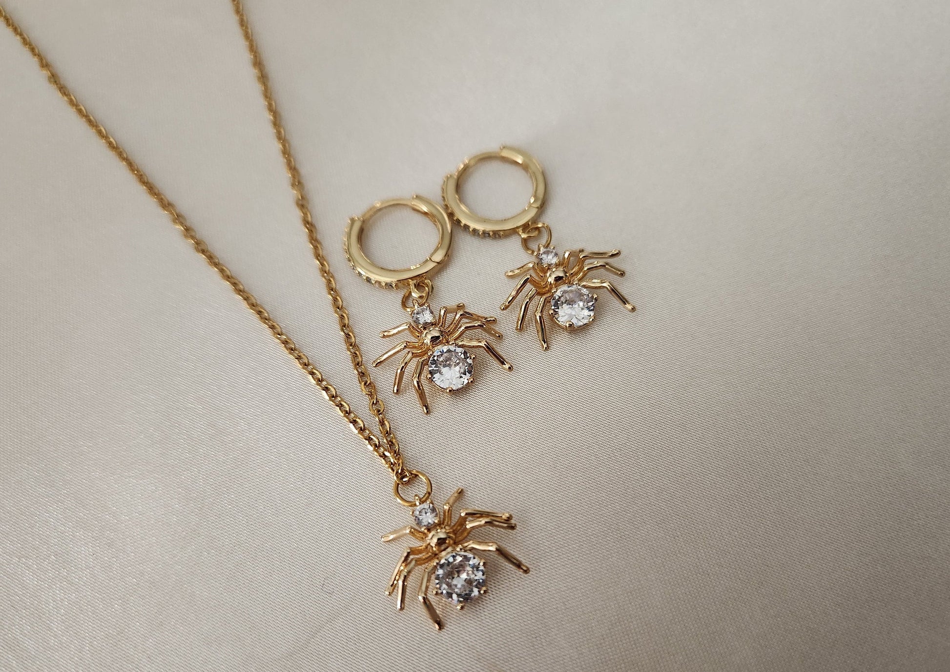 Gold Filled Spider Earrings, Spider Necklace With Adjustable Chains, Waterproof. Gift for her.