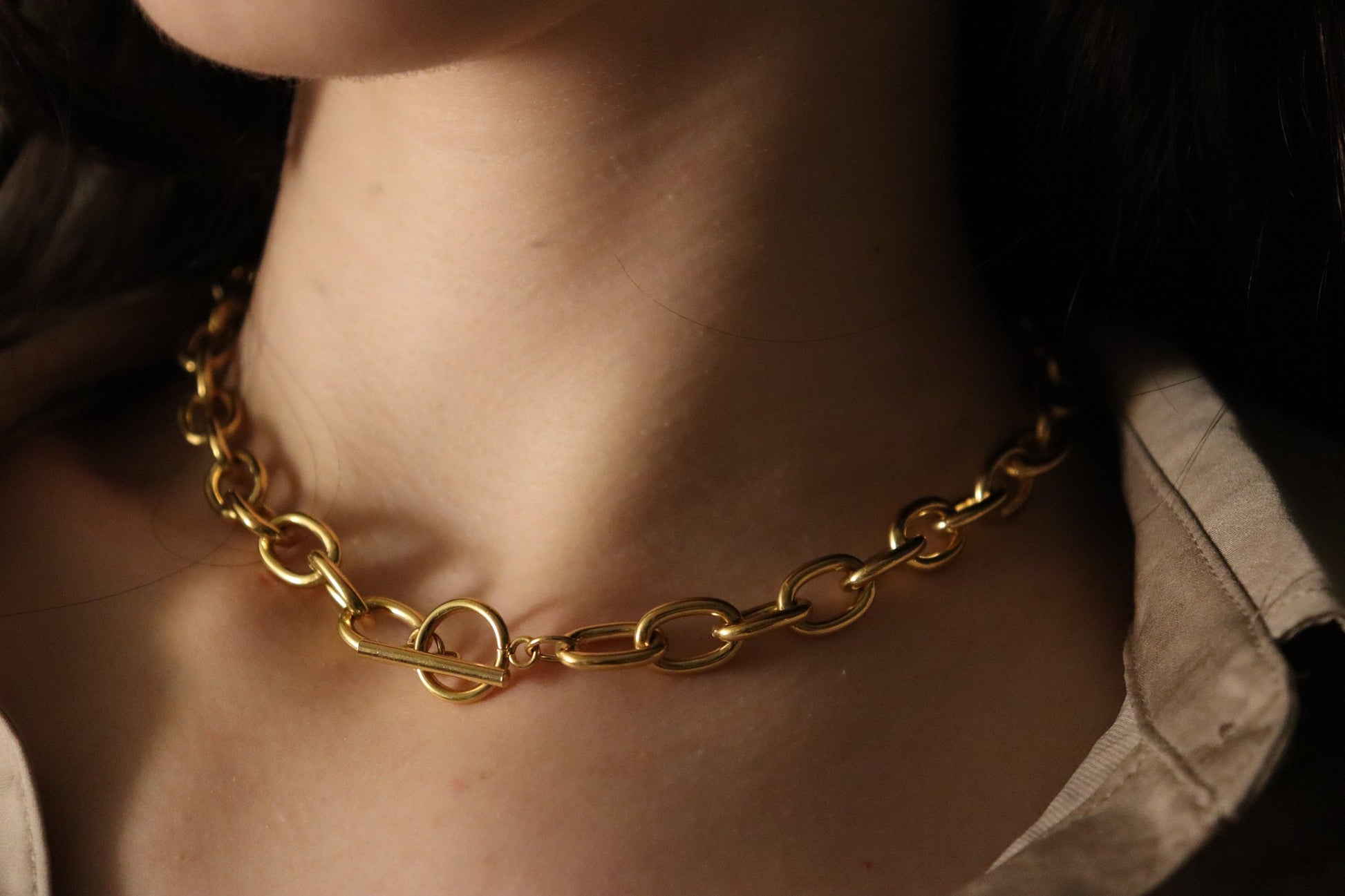 Gold Filled Non Tarnish Toggle Claps Chain Necklace ,Chunky Bracelet, WATERPROOF.