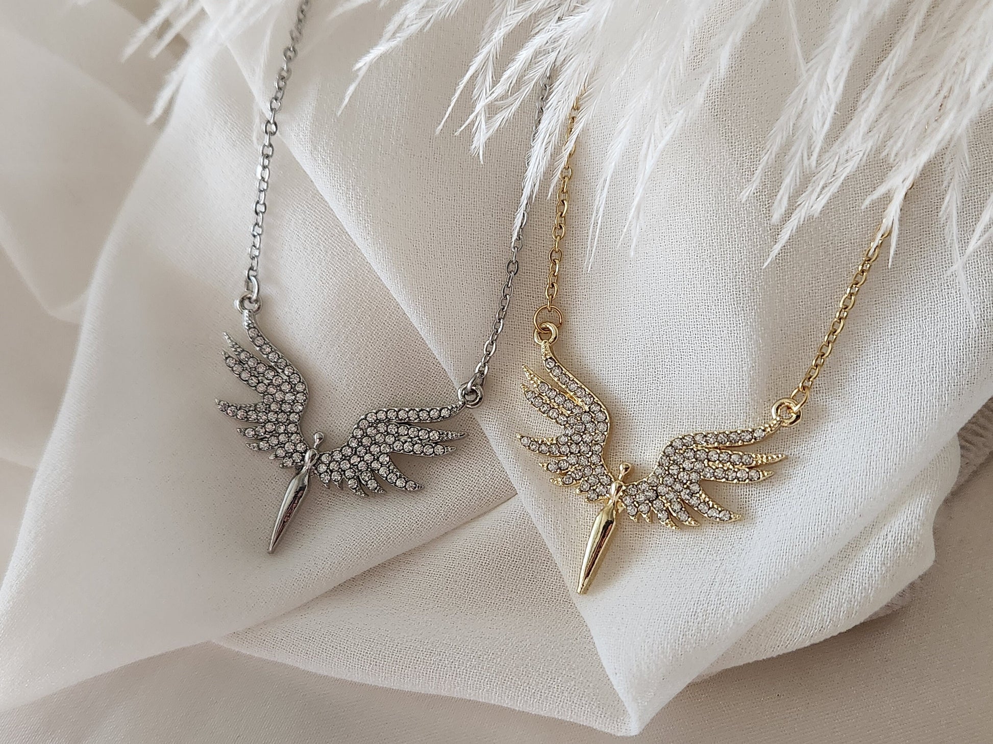 Gold Filled Angel Wings Necklace ,Protection Pave Necklace,WATERPROOF.