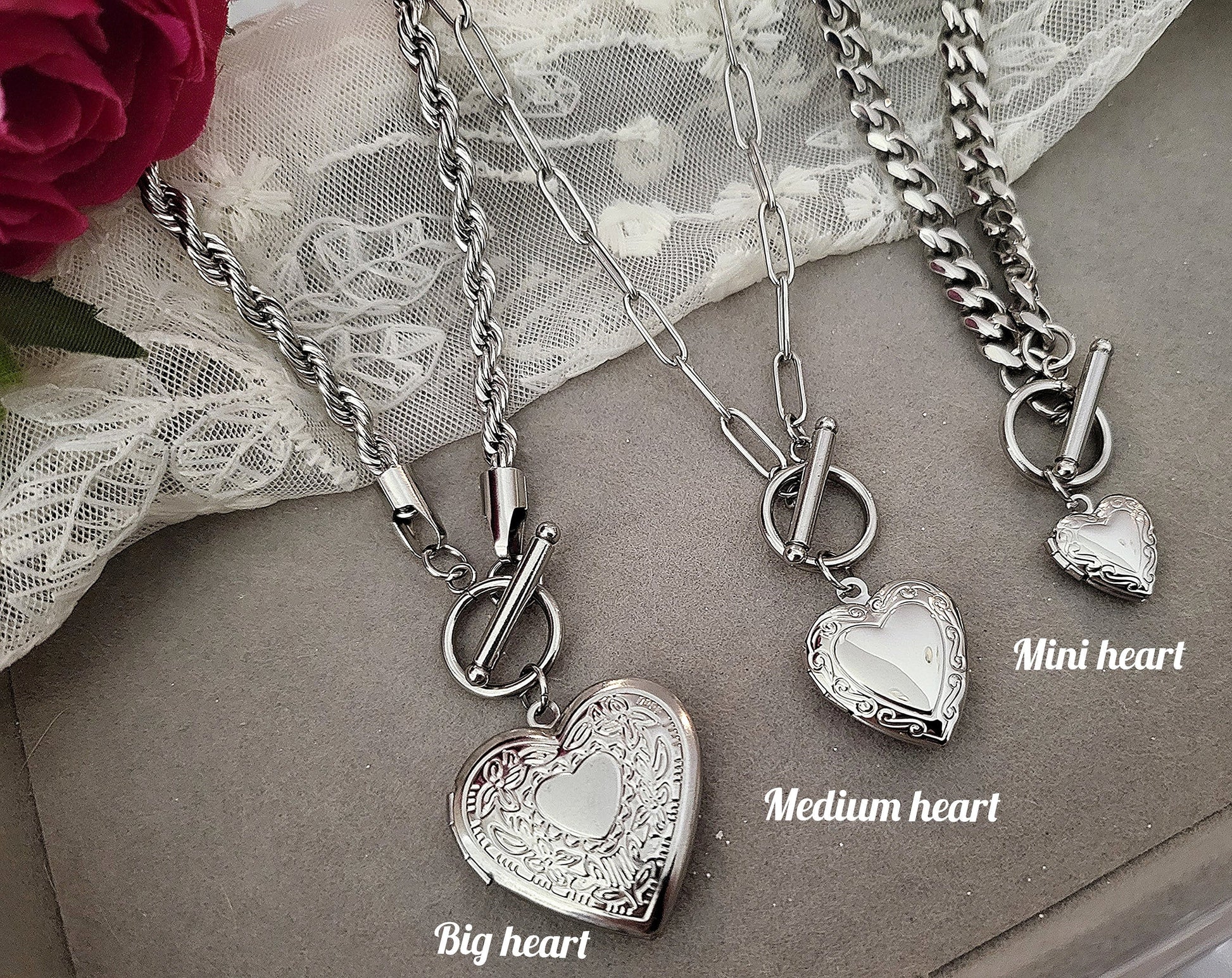 Silver Heart Locket Toggle Necklace with Photo, Engraved Heart Locket, Personalized gift.