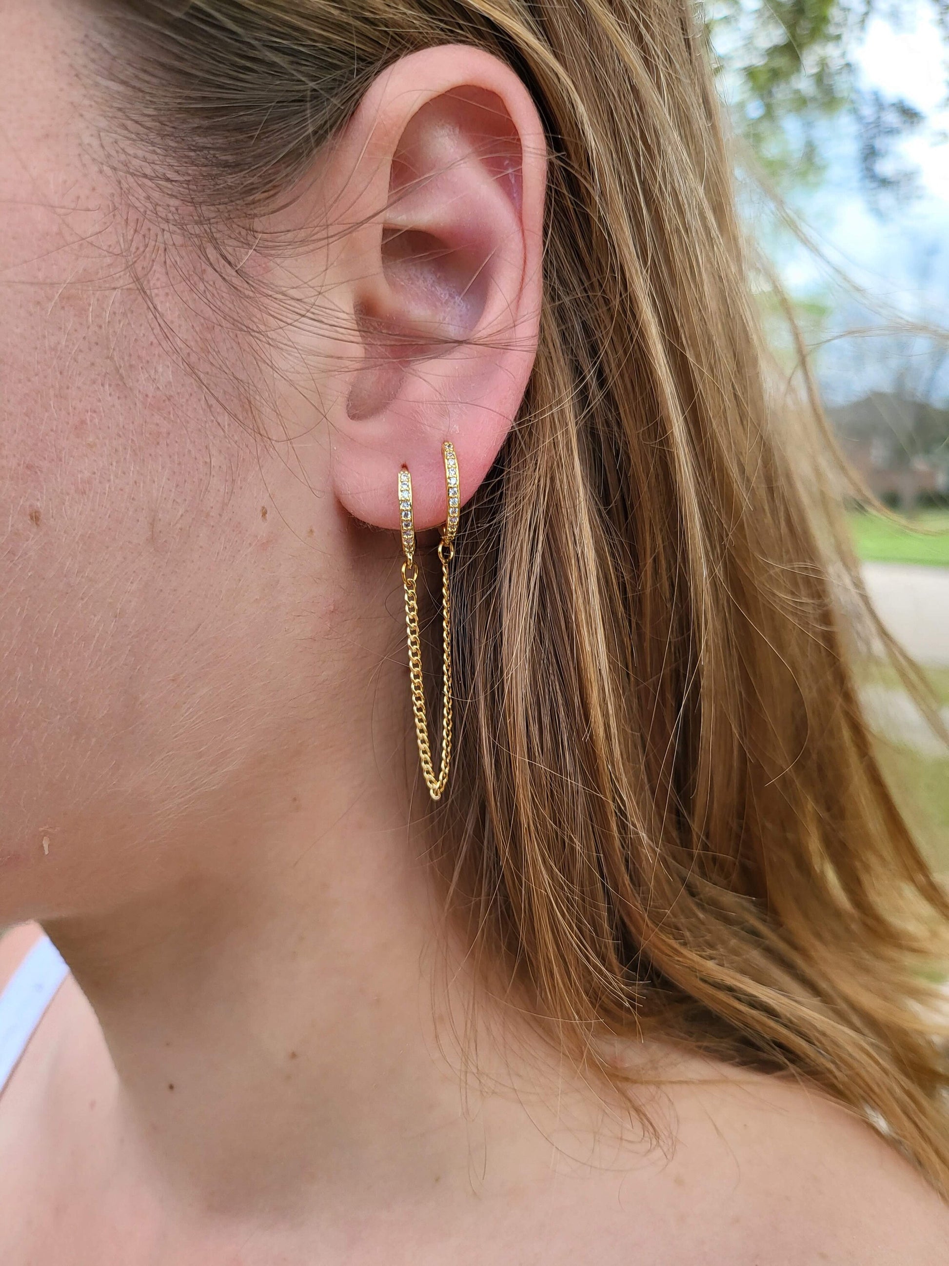 Gold FILLED- Silver Chain Earrings , Double Piercing Earrings , Connected Earrings , WATERPROOF ,Pair Connected Hoops .