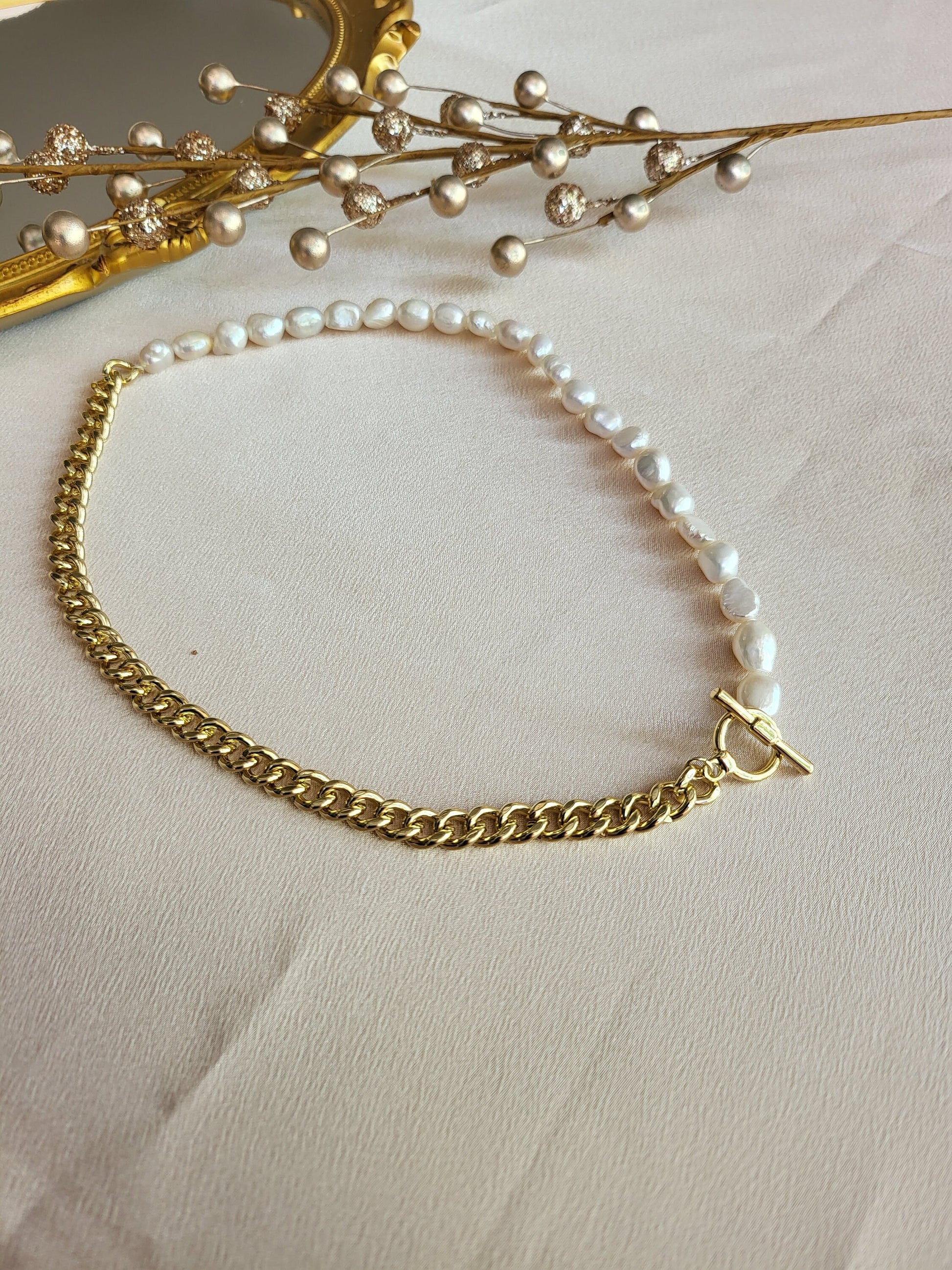 Gold Freshwater Real Pearl Necklace, Toggle Claps, WATERPROOF, Wedding Necklace.