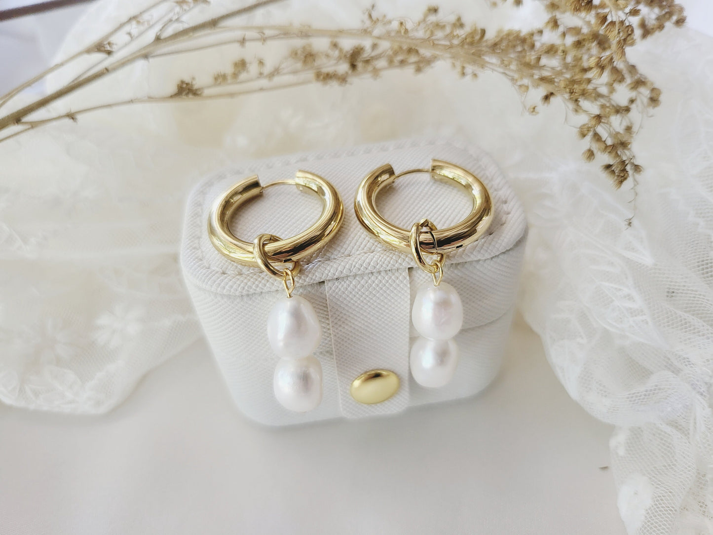 Gold Pearl Hoop Earrings , Waterproof , High Quality.