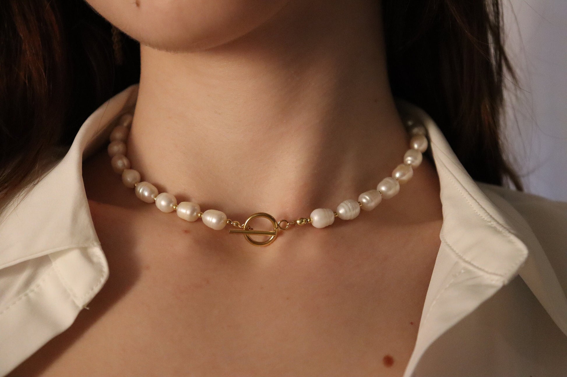 Gold Filled Real Freshwater Pearl Necklace ,Round initial , Square initial, Toggle claps.