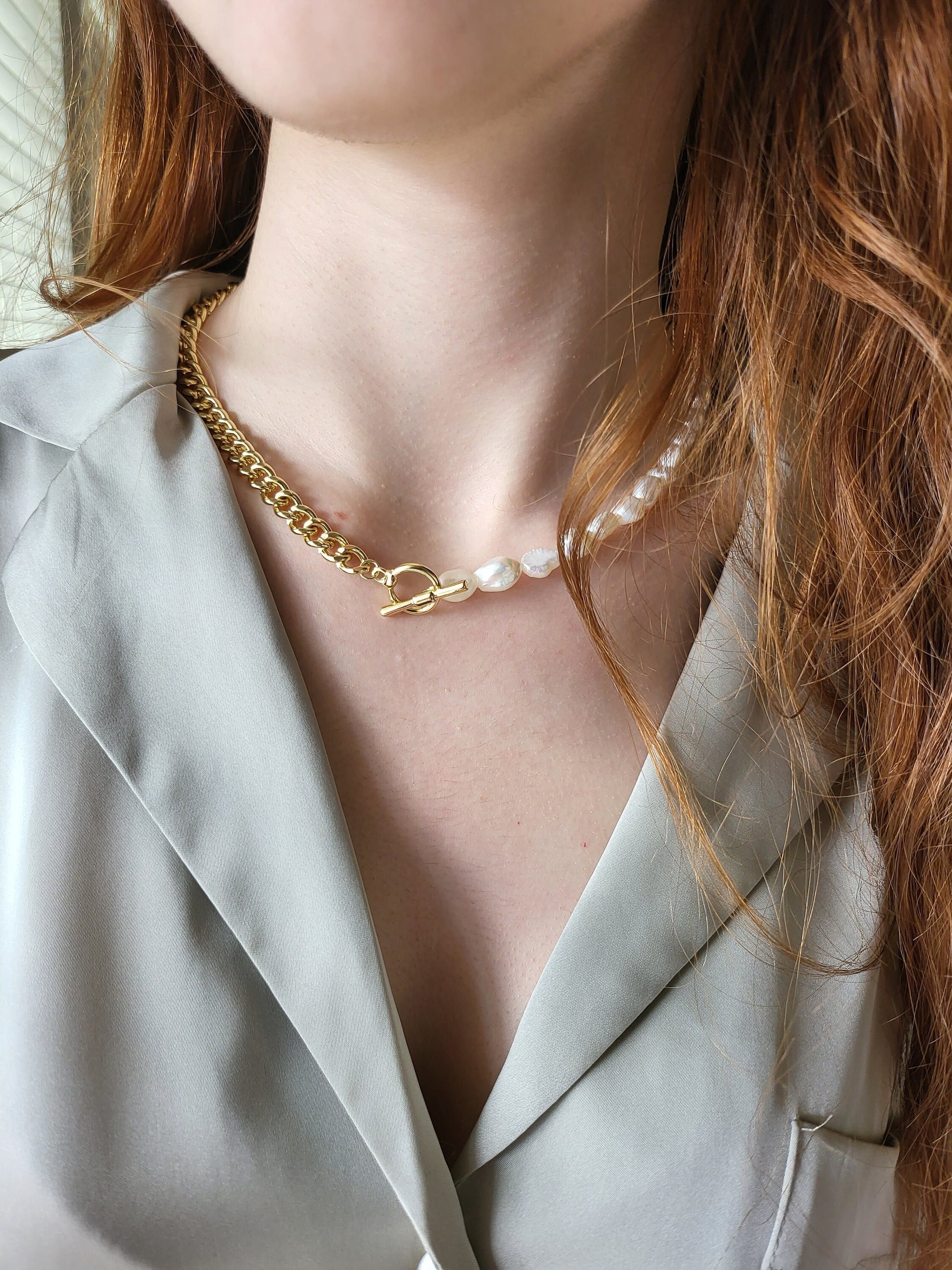 Gold Freshwater Real Pearl Necklace, Toggle Claps, WATERPROOF, Wedding Necklace.