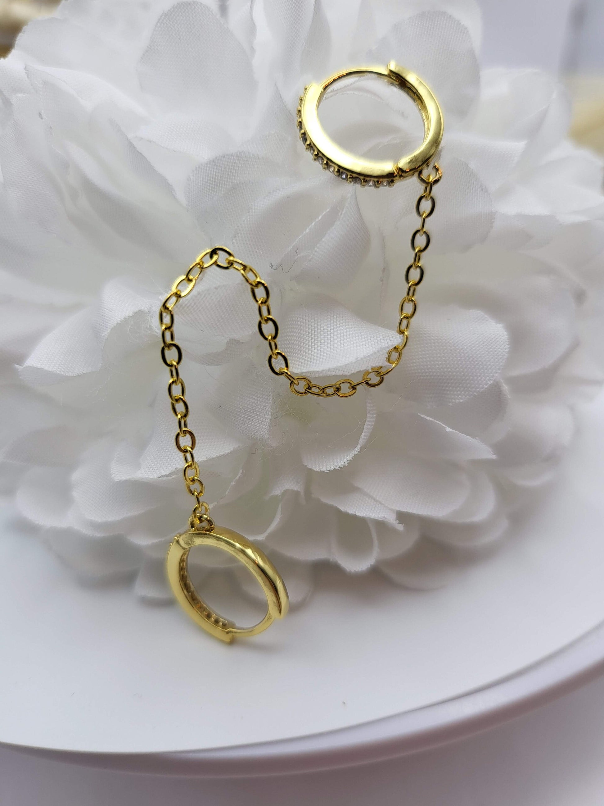 Gold FILLED- Silver Chain Earrings , Double Piercing Earrings , Connected Earrings , WATERPROOF ,Pair Connected Hoops .