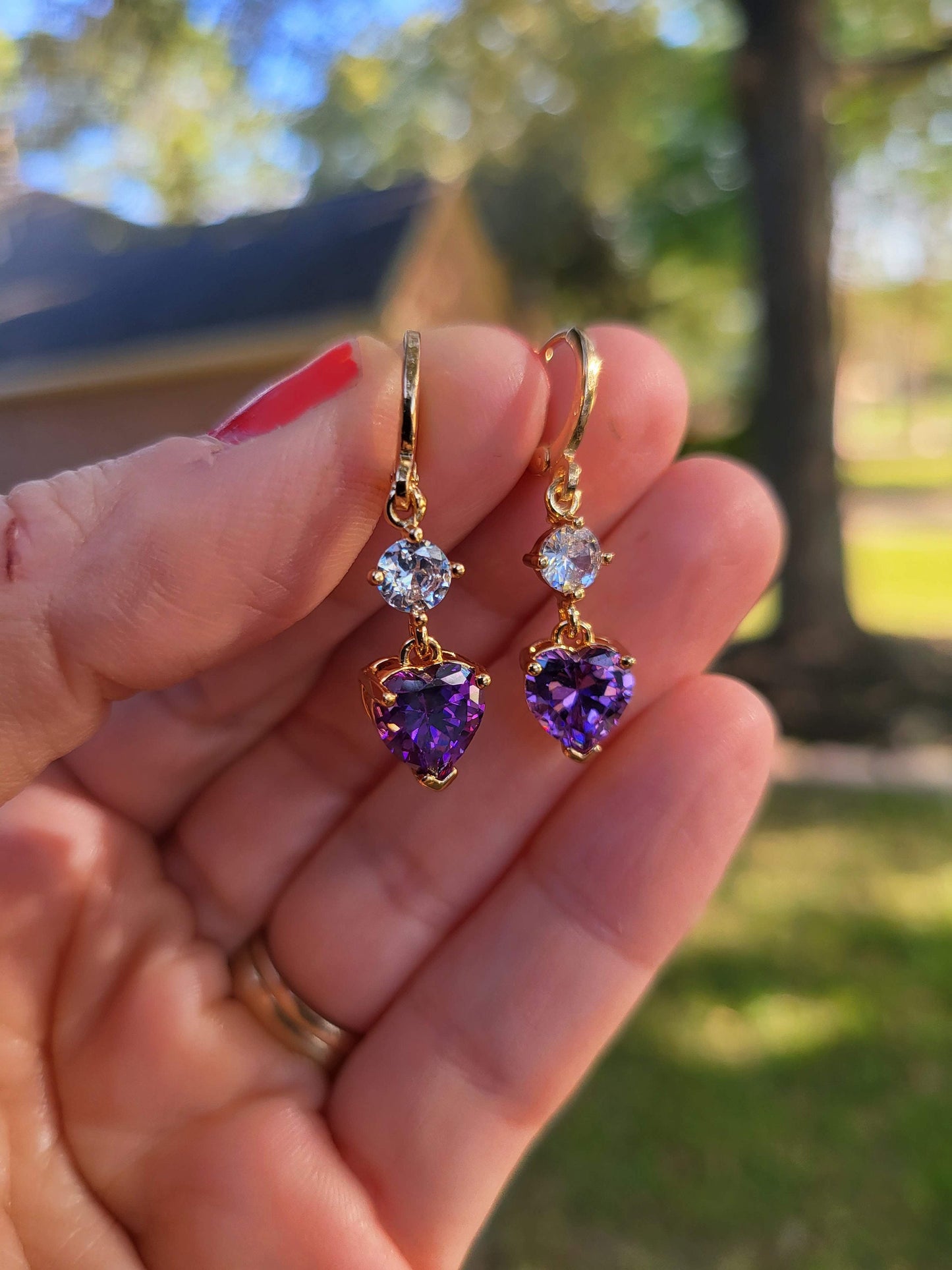 Gold Filled Heart Earrings Red, Emerald Green, Lavender , Black WATERPROOF ,Gift For Her.