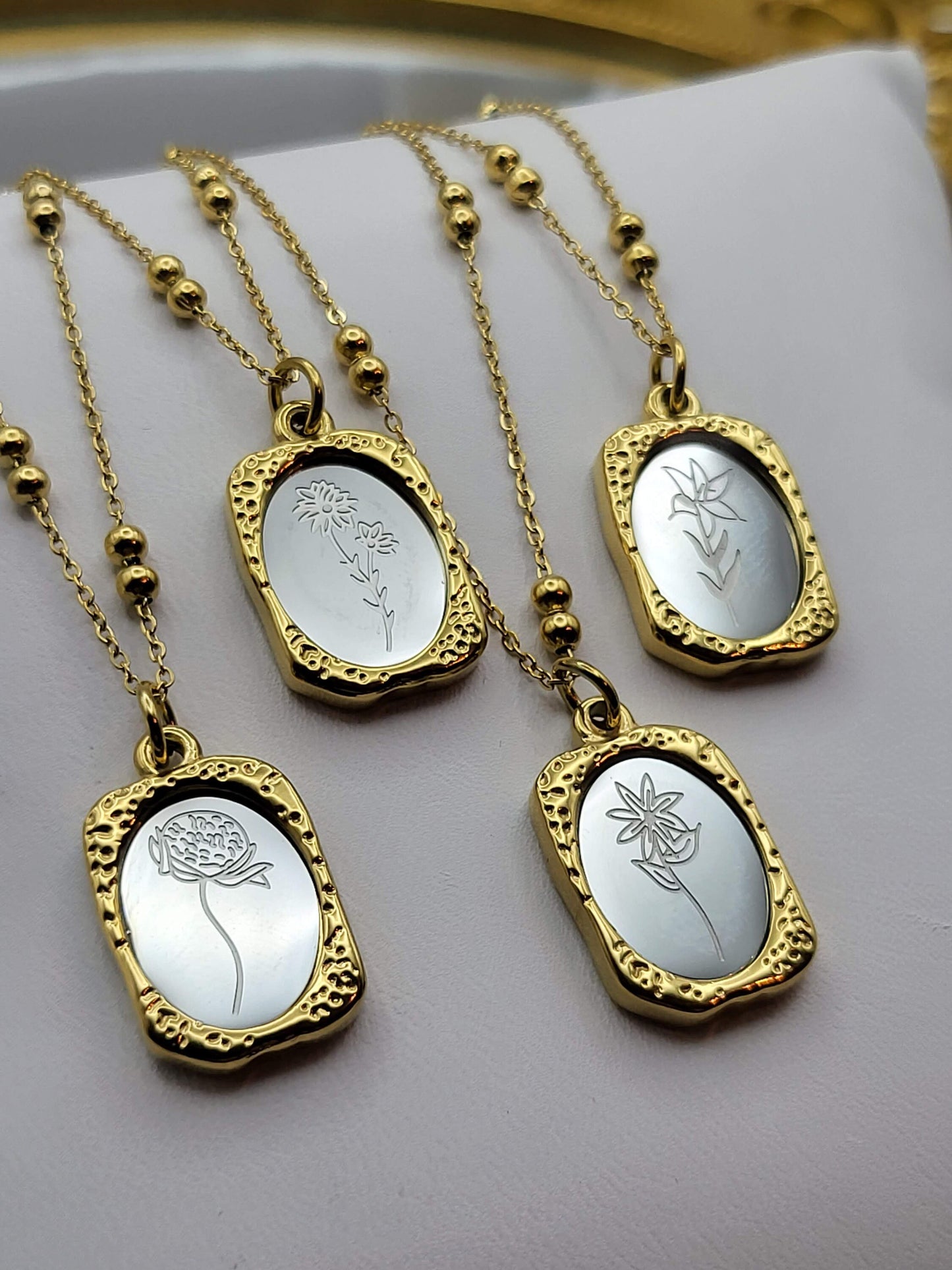 Gold Filled Mirror Engraved Birth flower Necklace ,Flower Necklace, Gold Floral Necklace, Tarnish Free, Gift for Mom.