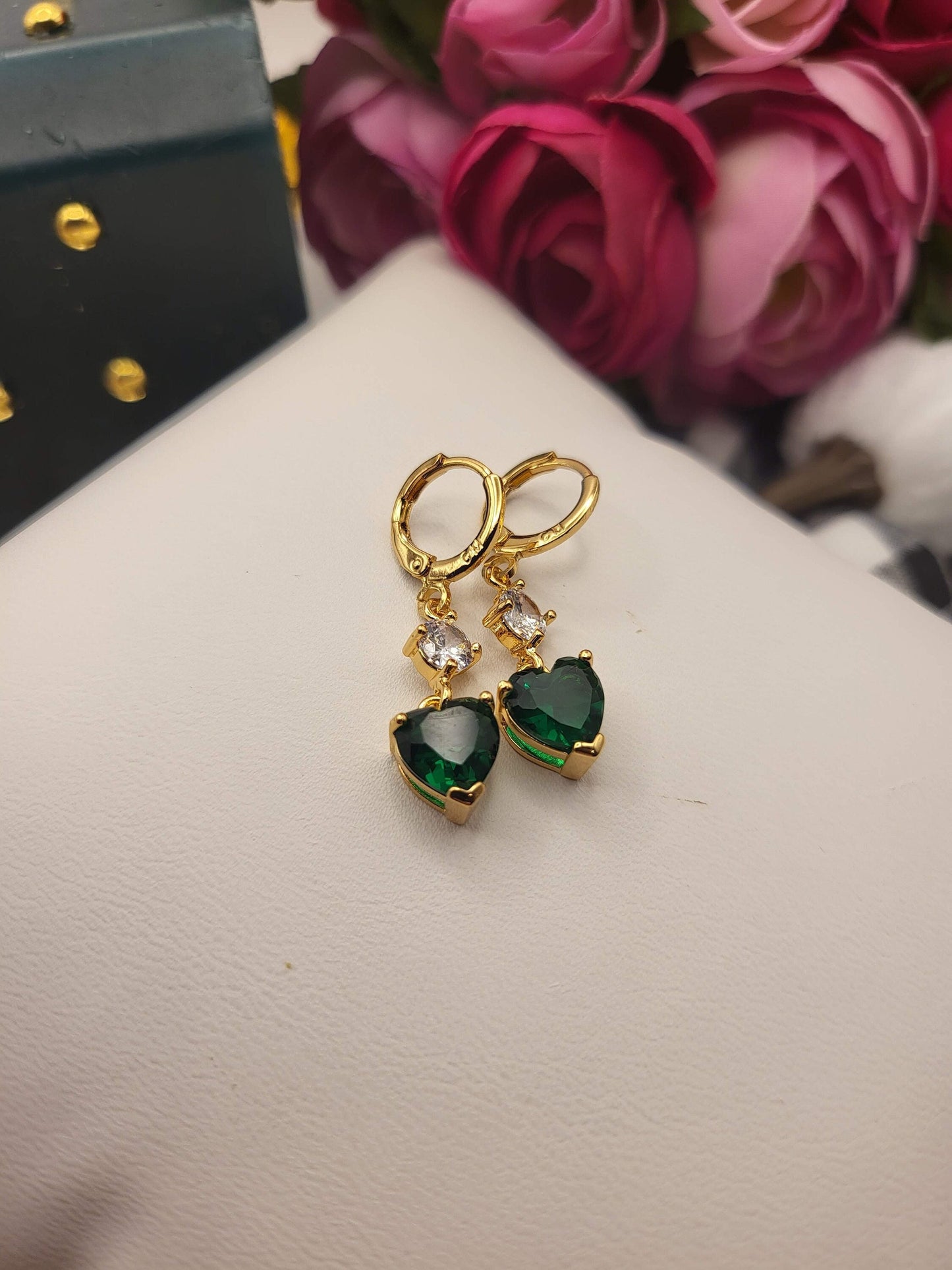 Gold Filled Heart Earrings Red, Emerald Green, Lavender , Black WATERPROOF ,Gift For Her.