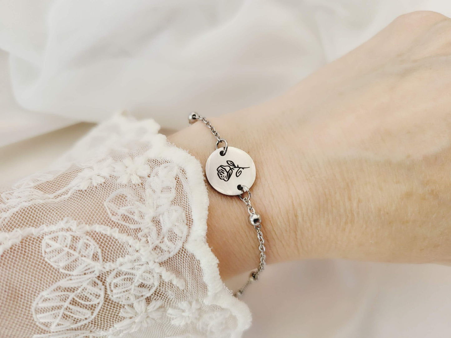 Custom Engraved Birth Month Flower Bracelet, WATERPROOF, Birthday Gift.