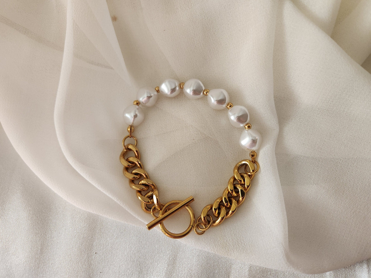 Gold Filled Pearl Toggle Bracelet, Non Tarnish Bracelet, WATERPROOF.