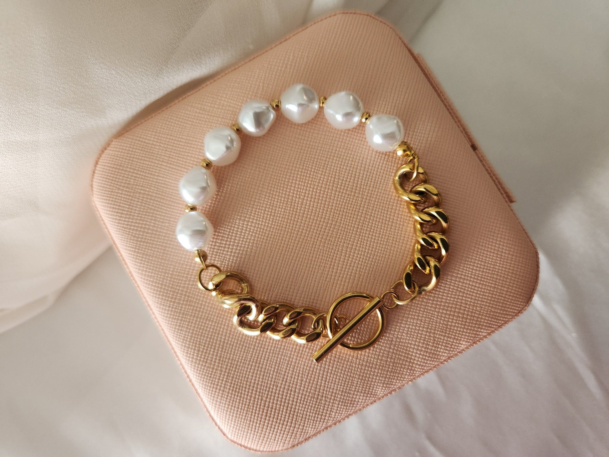 Gold Filled Pearl Toggle Bracelet, Non Tarnish Bracelet, WATERPROOF.