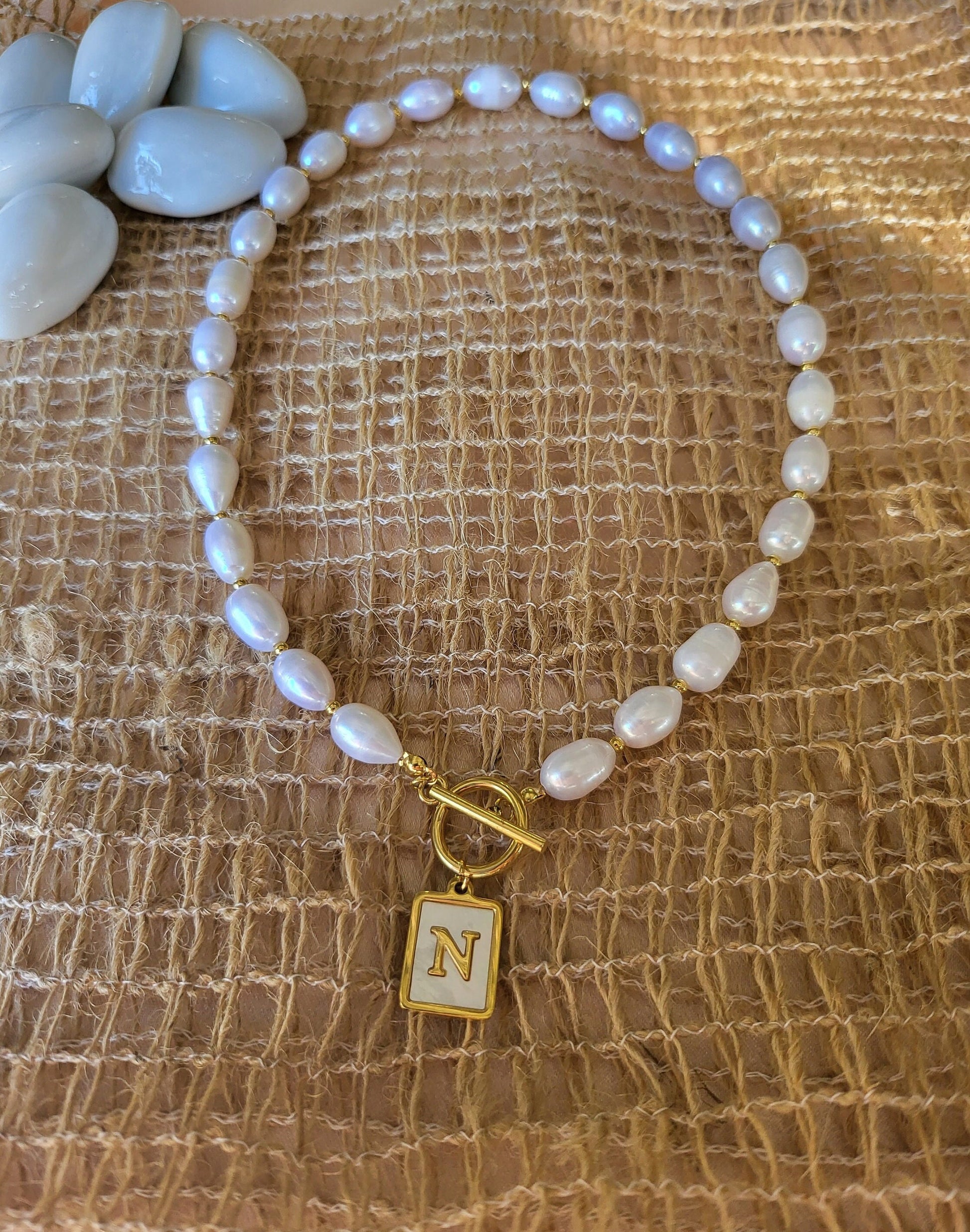 Gold Filled Real Freshwater Pearl Necklace ,Round initial , Square initial, Toggle claps.