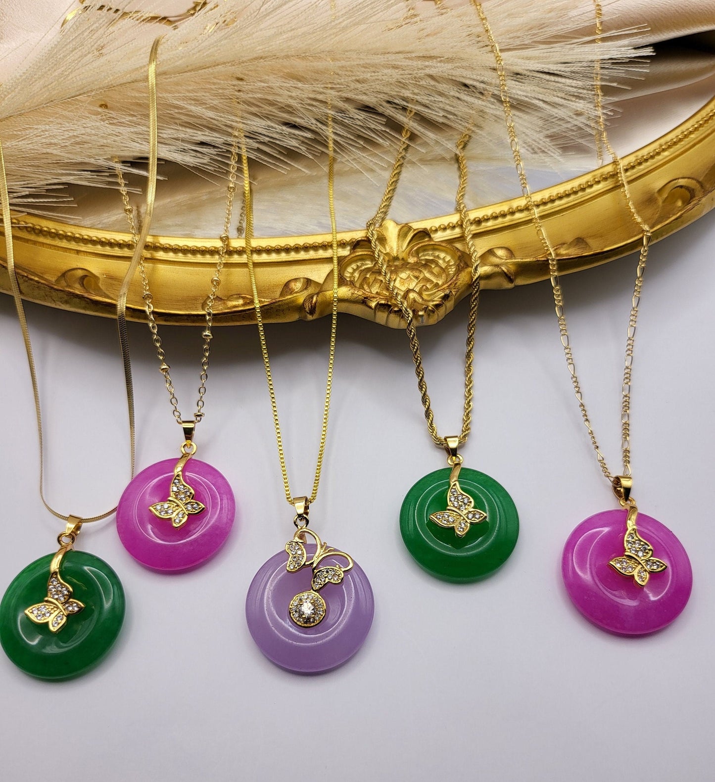 Gold Filled Natural Jade Necklaces, Good Luck And Peace Pendant, WATERPROOF Adjustable Chains.