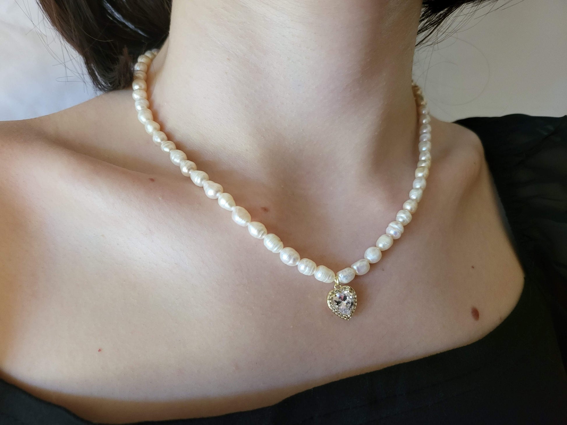 Gold Filled Freshwater Pearl Necklace, Heart , Rectangle , Round, Drop Pendant . Waterproof.