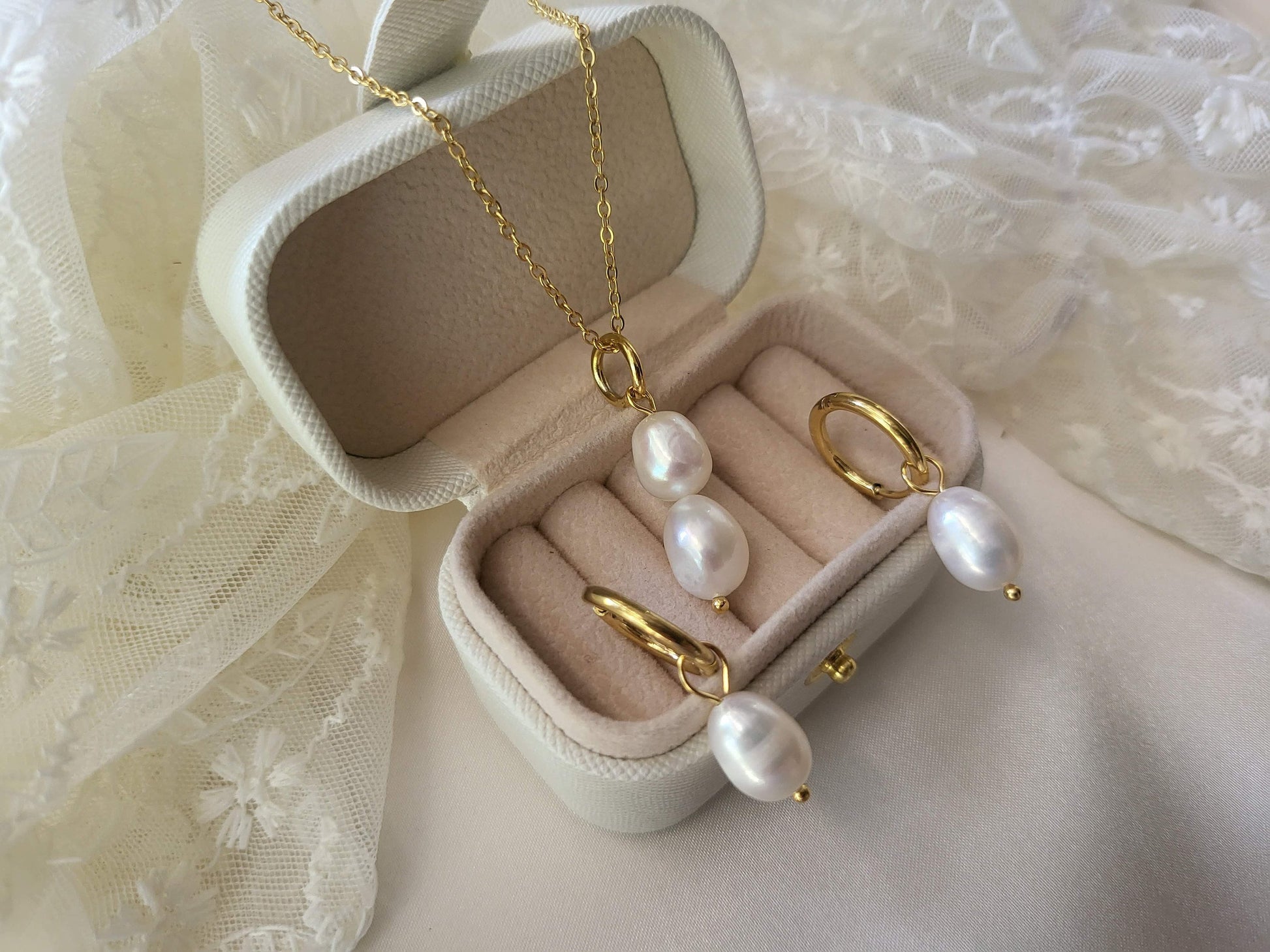 Gold Filled Pearl Hoop Earrings , Waterproof ,Gift For Her, High Quality.