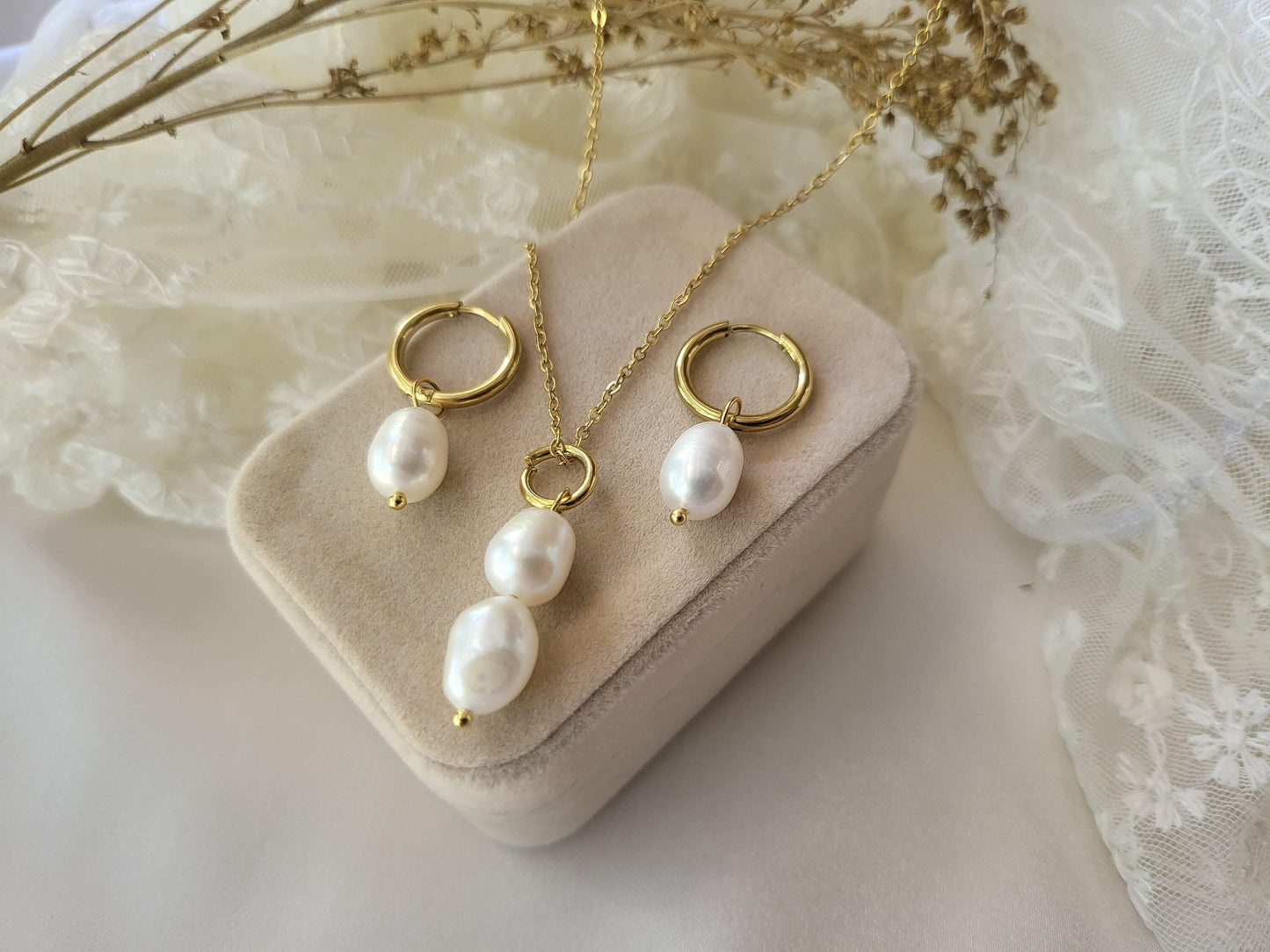 Gold Filled Pearl Hoop Earrings , Waterproof ,Gift For Her, High Quality.