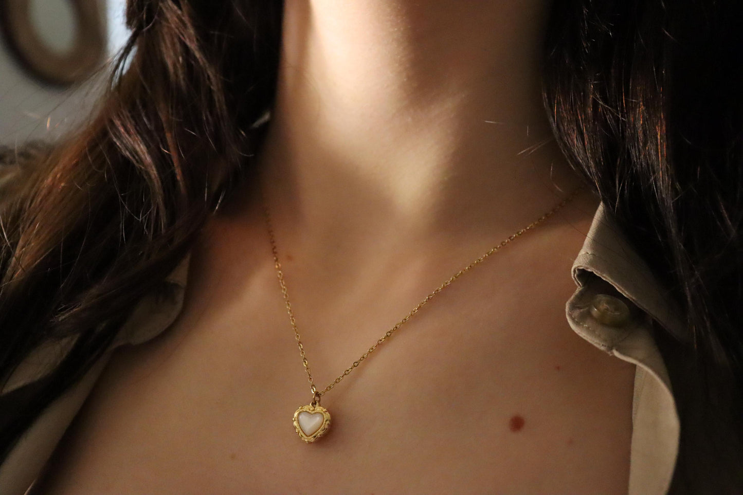 Gold Filled Mother of Pearl Heart Necklace ,Waterproof Adjustable Chains, Love Earrings .