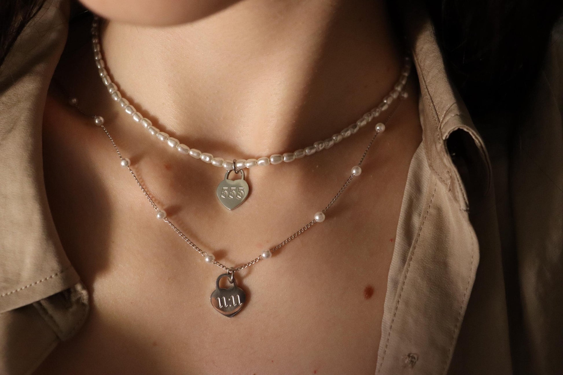 Silver Heart Angel Number Necklace, WATERPROOF Adjustable Chains.