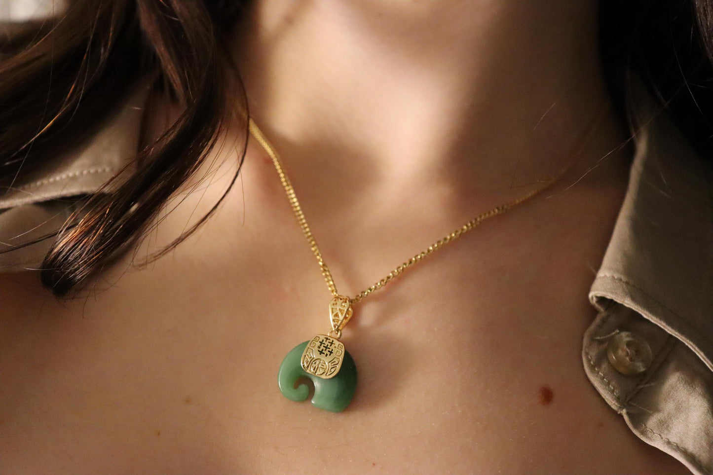 Gold Filled Green-White Natural Elephant Jade Earrings -Necklace, WATERPROOF Adjustable Chains.