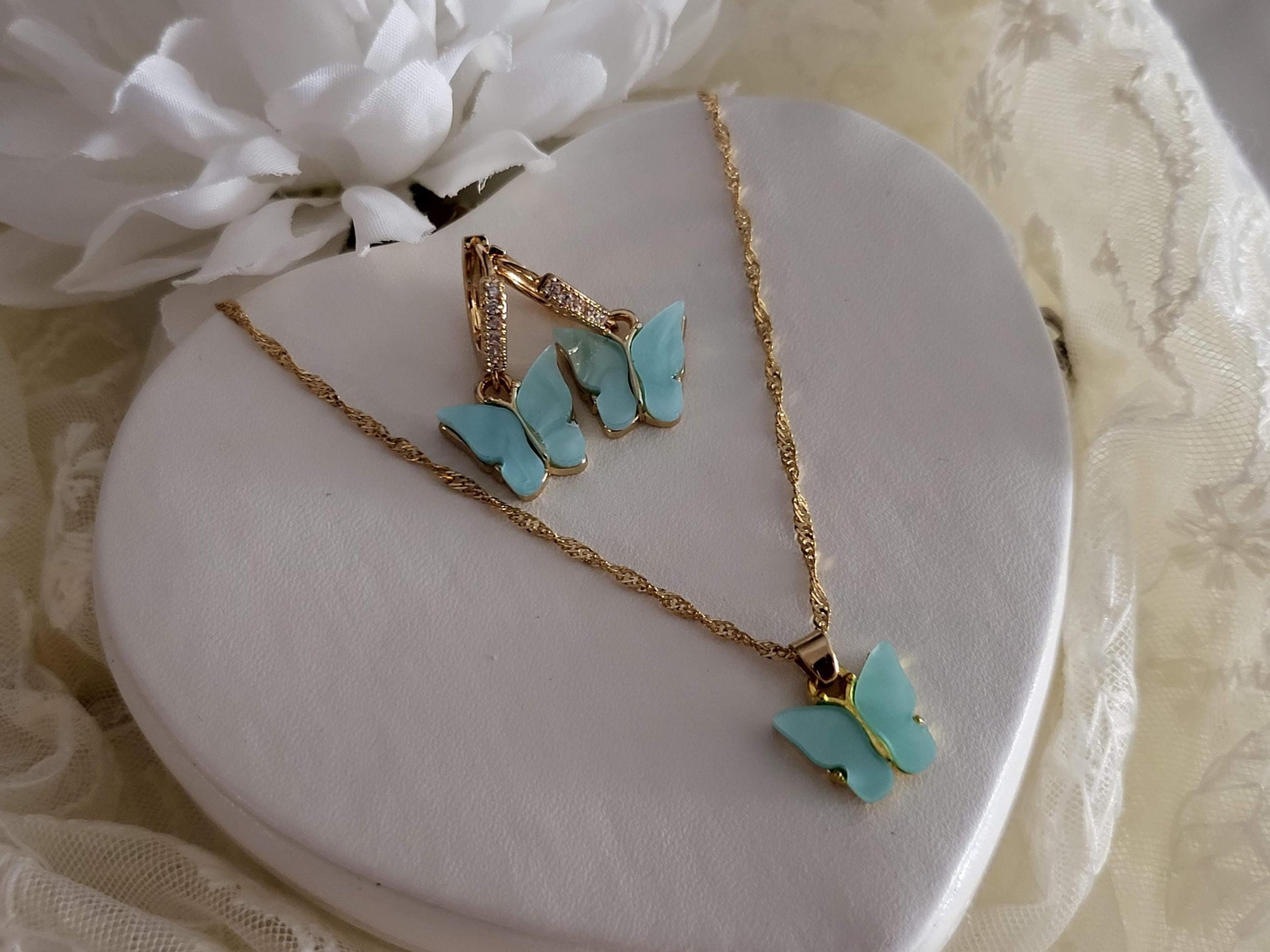 18K Gold Butterfly Earrings- Necklace, WATERPROOF Chains, Gifts for Her.