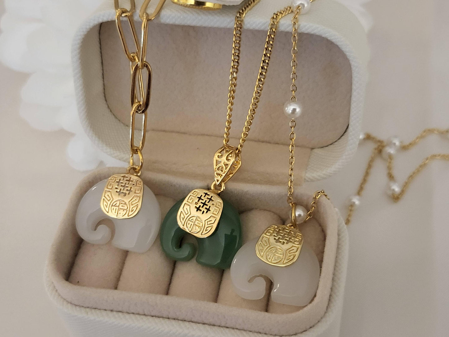 Gold Filled Green-White Natural Elephant Jade Necklace, WATERPROOF Adjustable Chains.