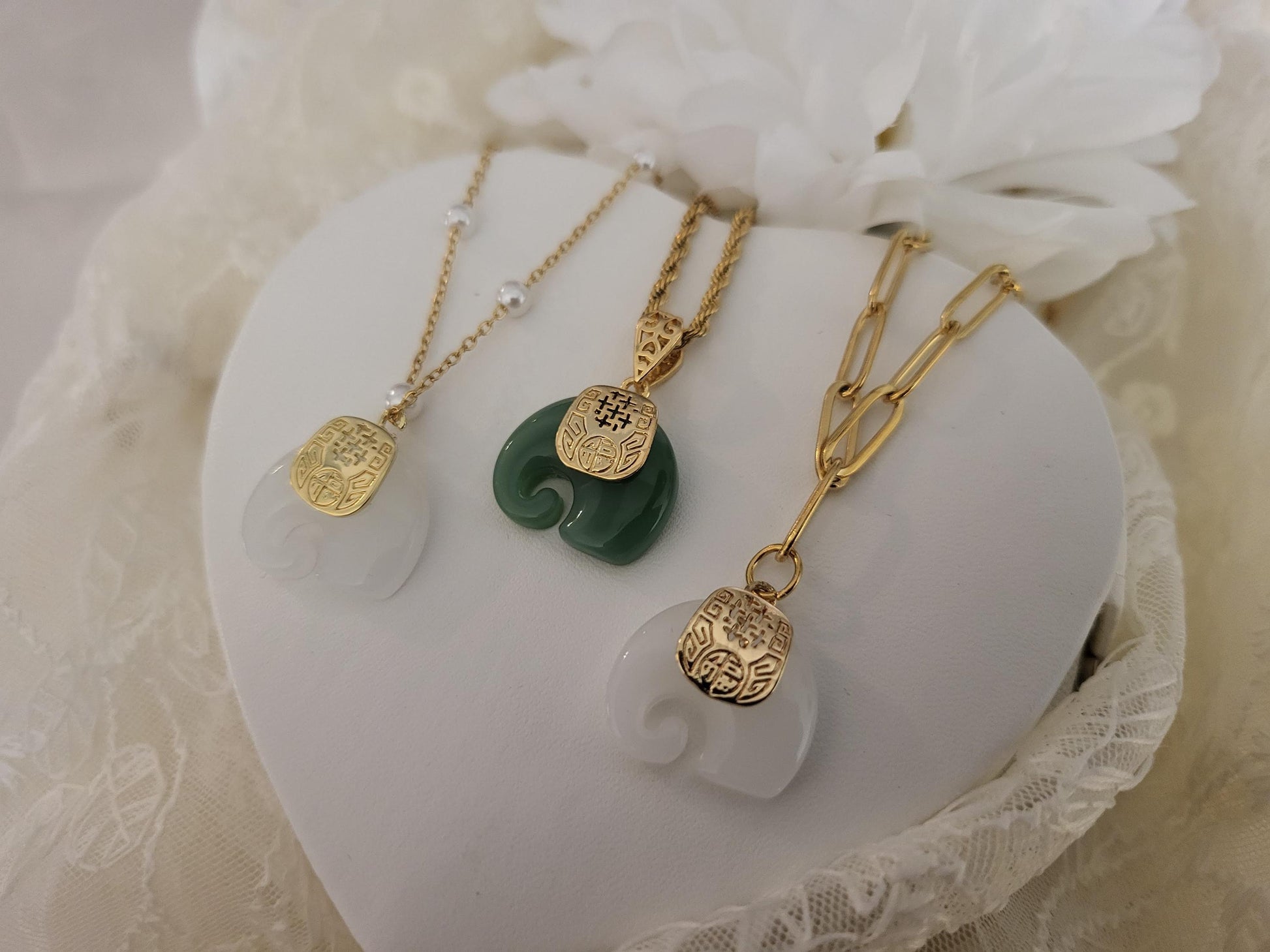 Gold Filled Green-White Natural Elephant Jade Necklace, WATERPROOF Adjustable Chains.