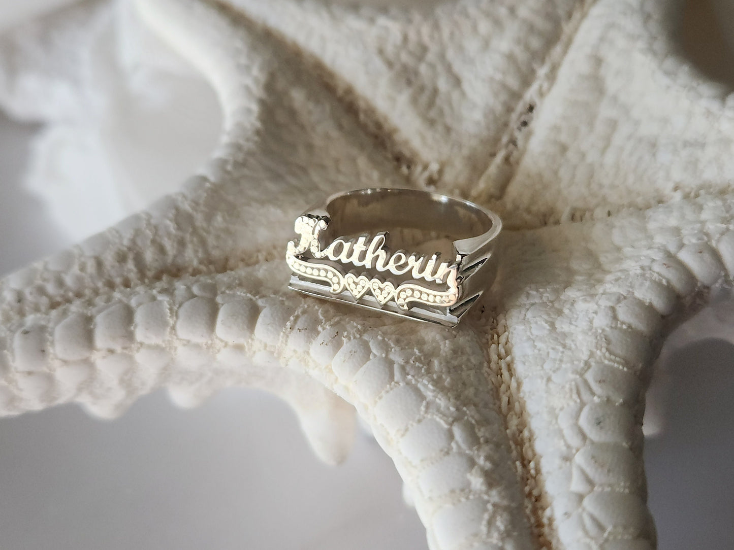 Sterling Silver Name ring , Gold name ring ,Waterproof , Everyday Jewelry .