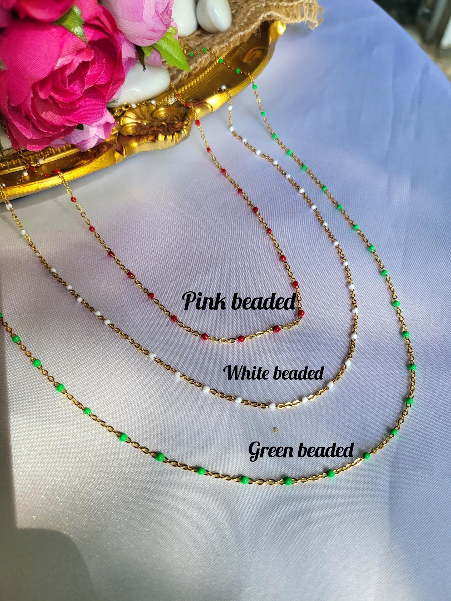 Gold Filled Jade Buddhas , Colorful Beaded Chains, Red, White , Green Beaded ,Waterproof, Gift For Her.