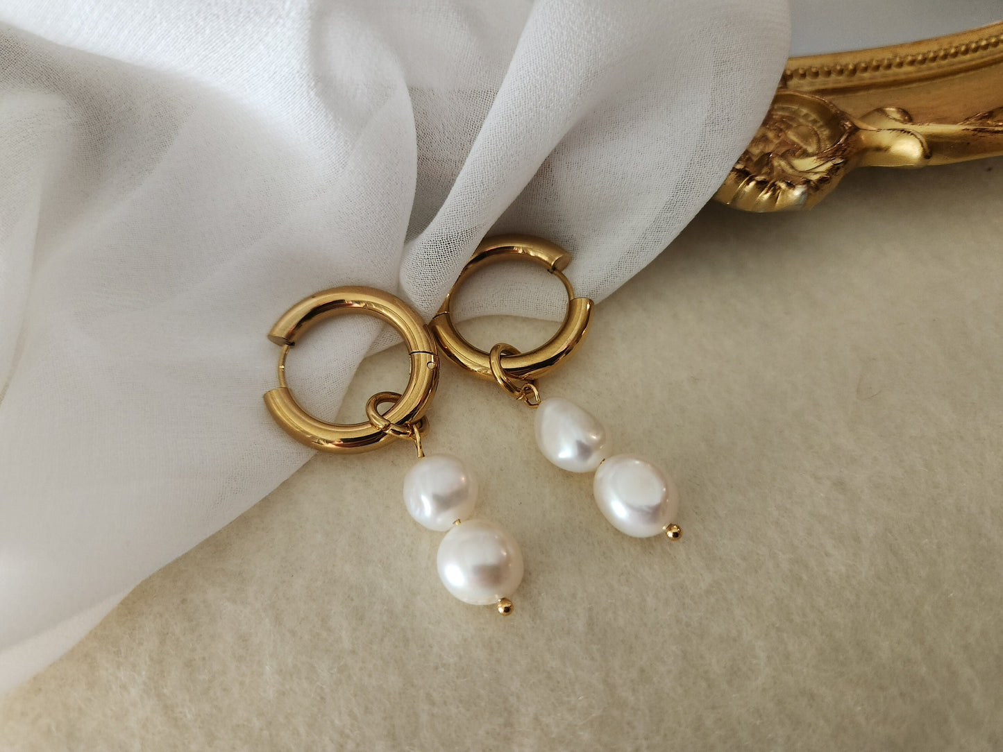 Gold Pearl Hoop Earrings , Waterproof , High Quality.