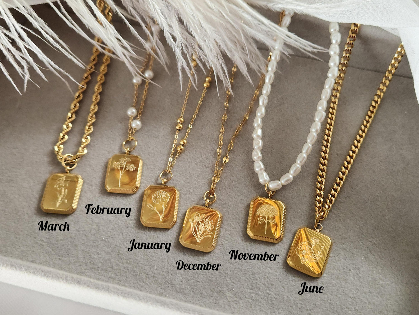 Gold Filled Custom Engraved Birth Month Flower Necklace, WATERPROOF, Birthday Gift.