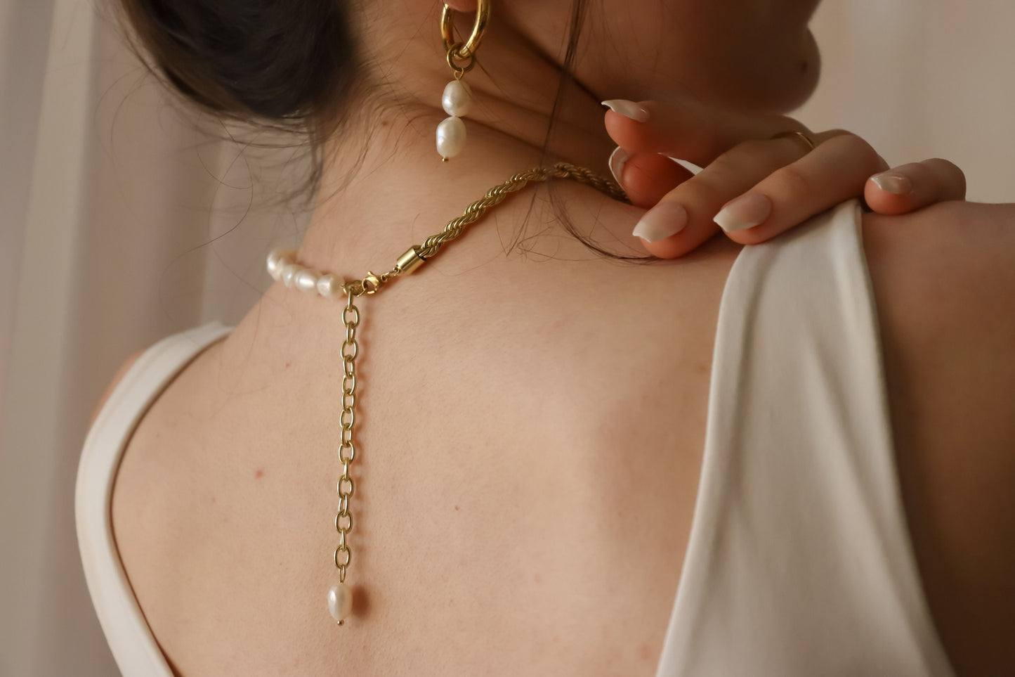 14K Gold Rope -Freshwater Real Pearl Necklace, WATERPROOF, Wedding Necklace.