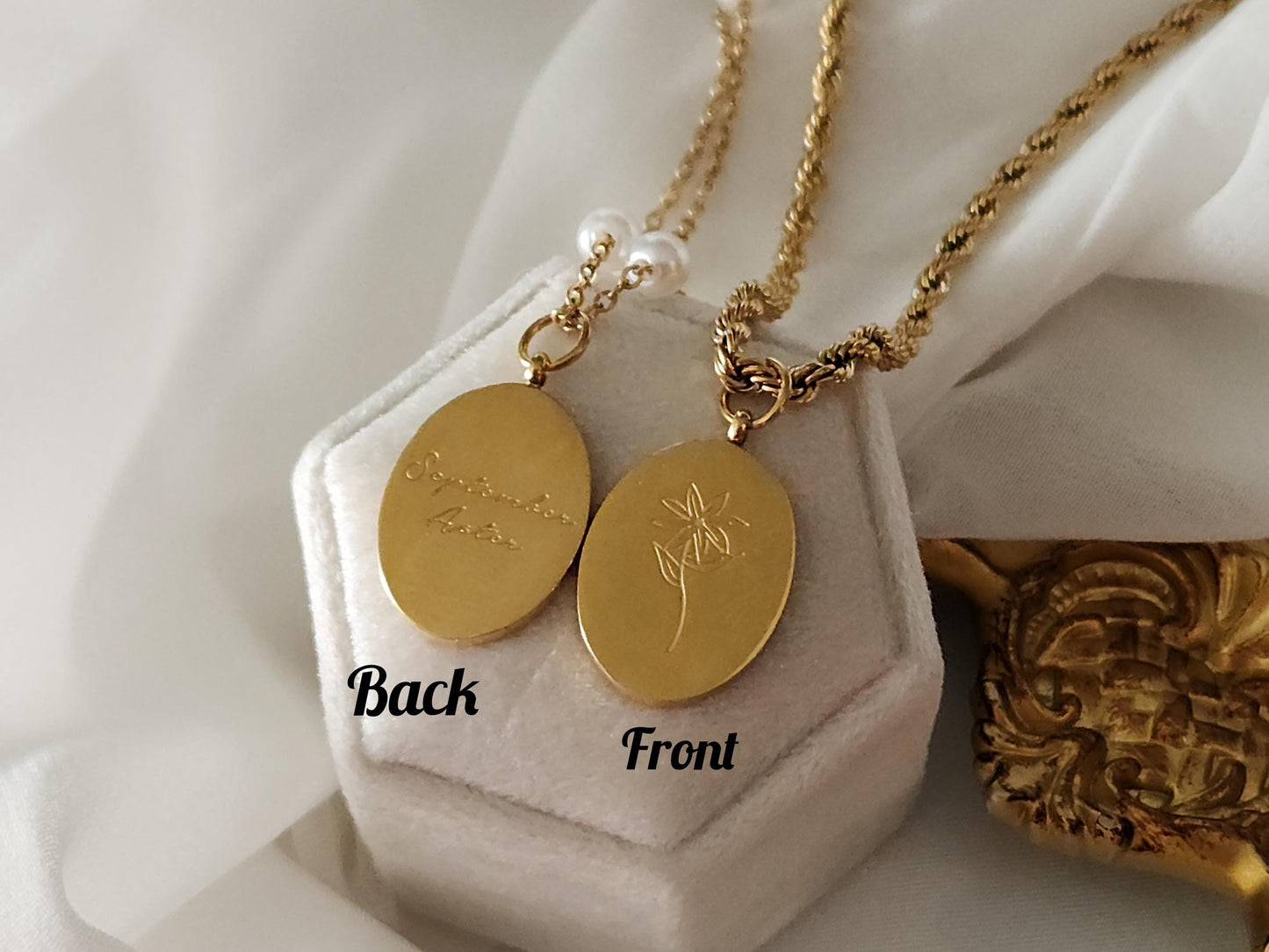 Gold Filled Custom Engraved Oval Birth Month Flower Necklace, WATERPROOF, Birthday Gift.