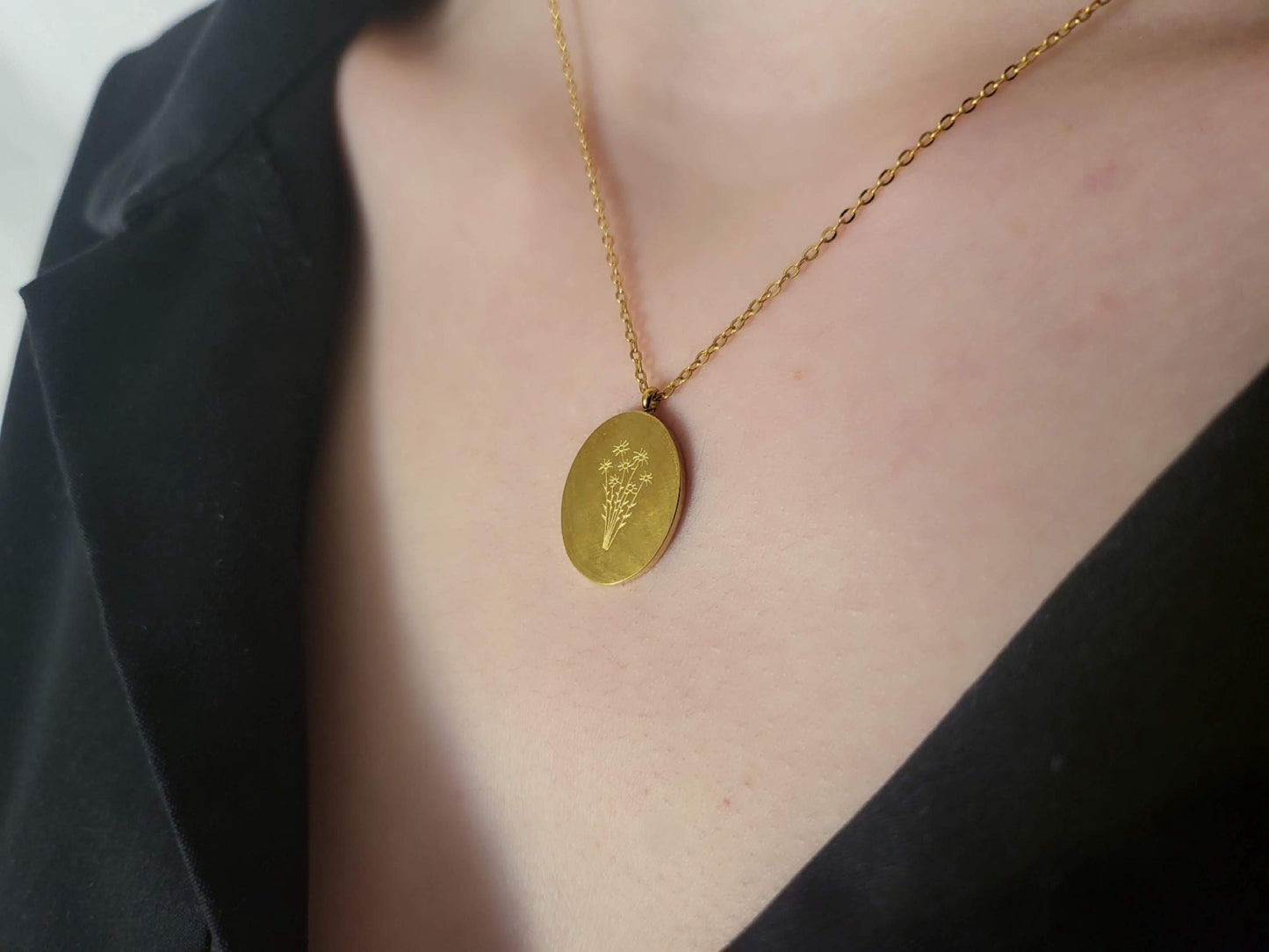 Gold Filled Custom Engraved Oval Birth Month Flower Necklace, WATERPROOF, Birthday Gift.