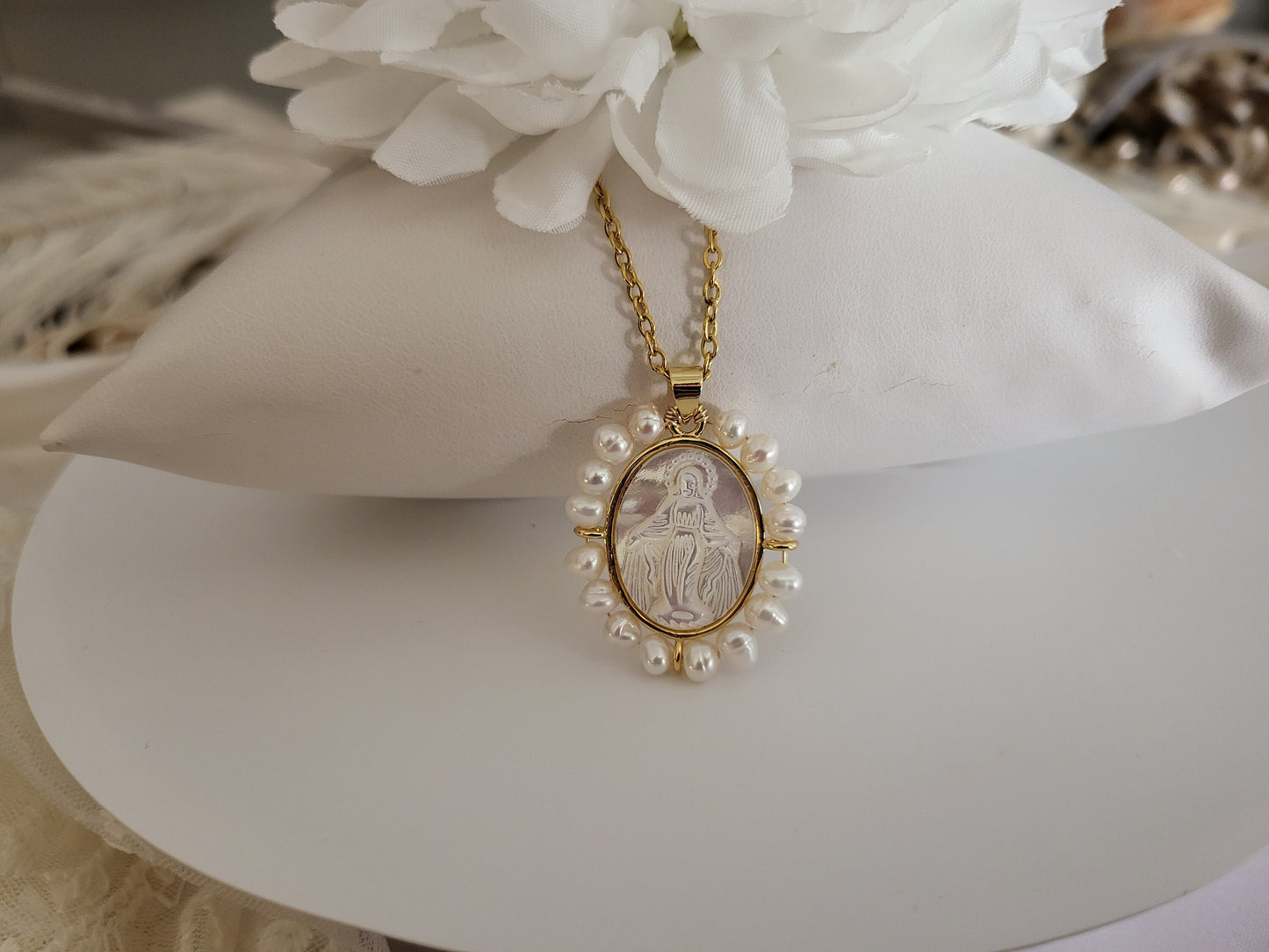 Gold Filled Mother of Pearl Virgin Mary Necklace, Gift For Mom.