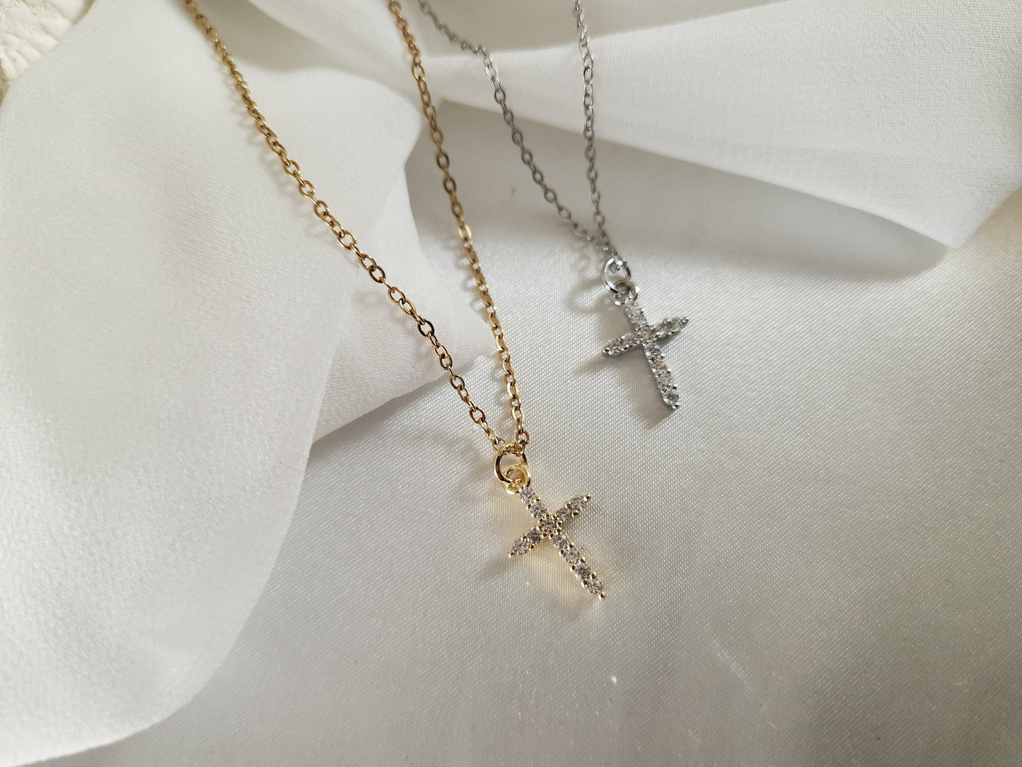 Gold Filled or Silver Minimalist Diamond Cross Necklace, Cross Pendant Dainty, WATERPROOF Adjustable Chains.