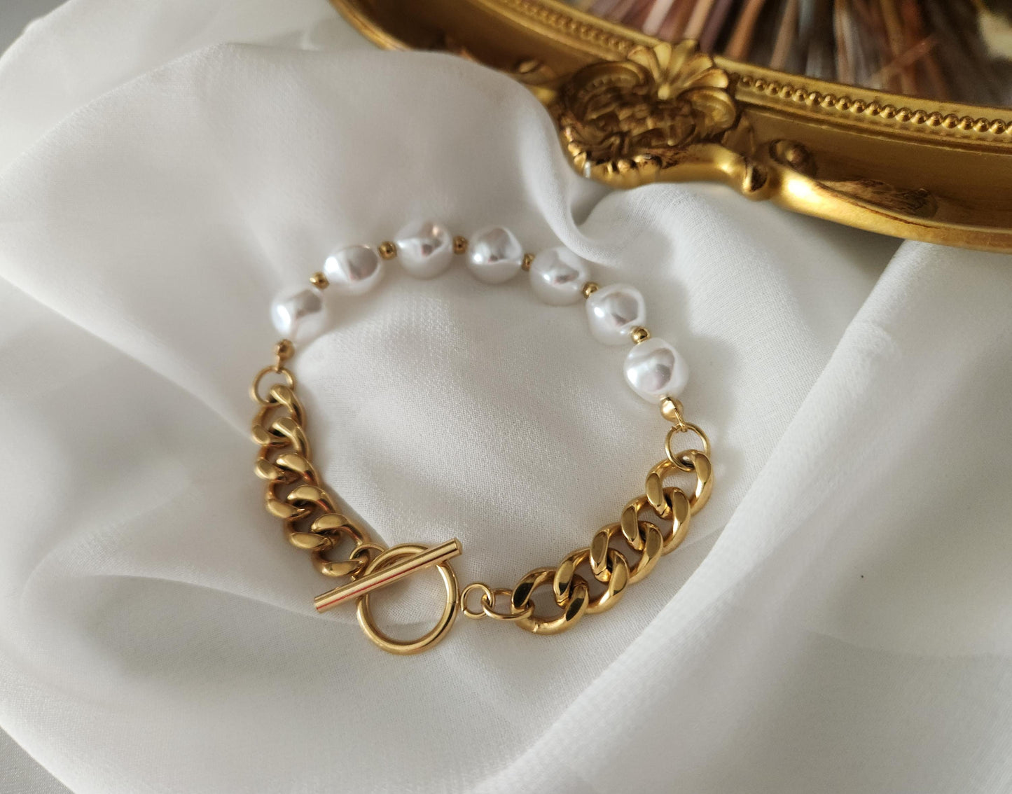 Gold Filled Pearl Toggle Bracelet, Non Tarnish Bracelet, WATERPROOF.