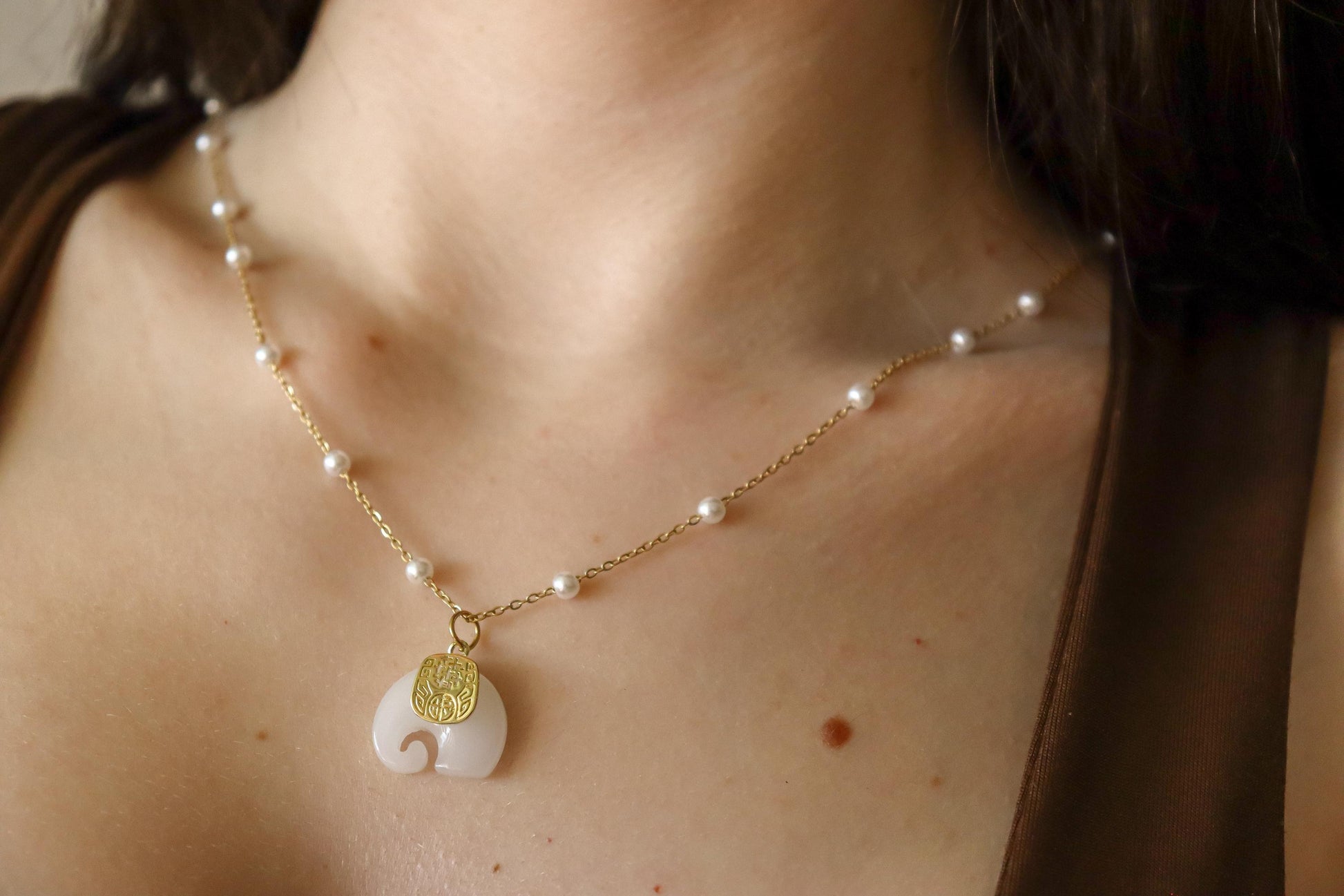 Gold Filled Green-White Natural Elephant Jade Necklace, WATERPROOF Adjustable Chains.