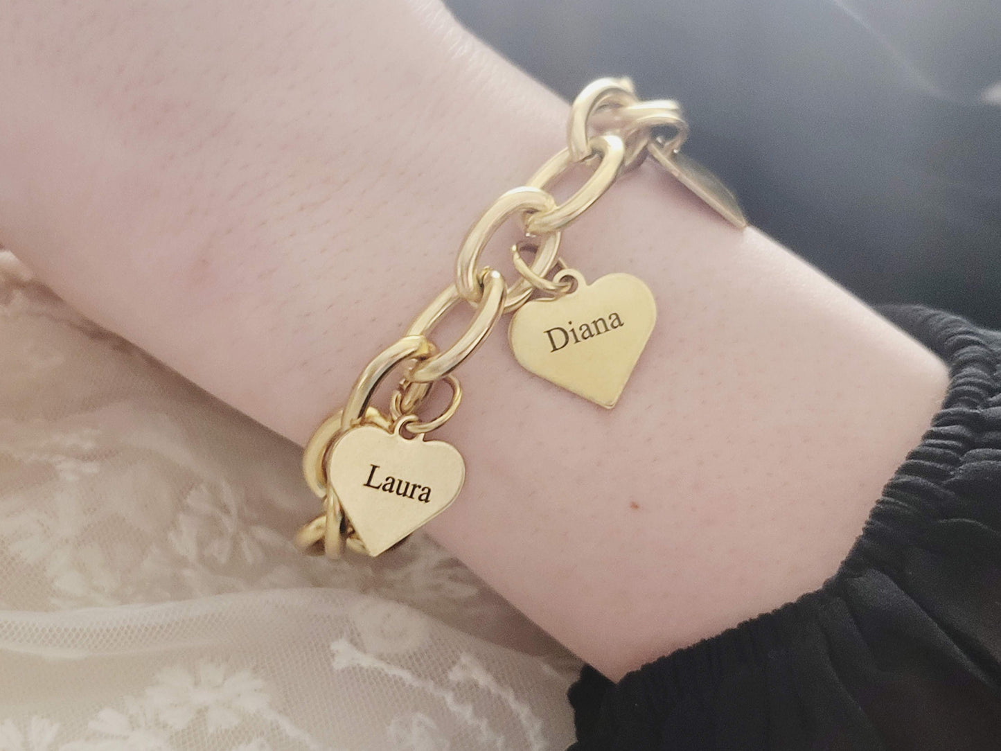 Gold FilIed Name Bracelet, Custom Family Charm Bracelet, Non Tarnish Toggle Claps Chain Bracelet, WATERPROOF.