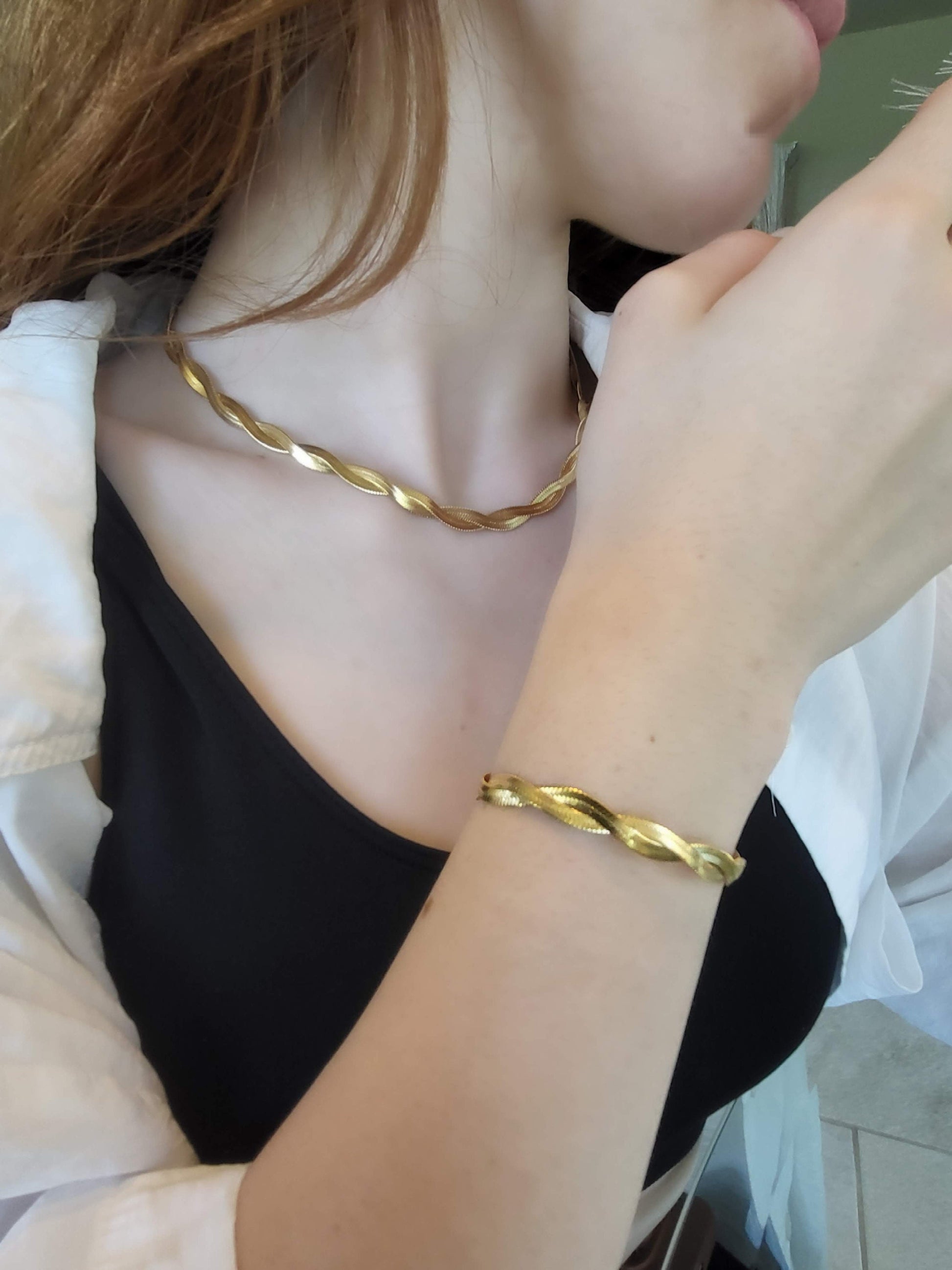 Gold Filled Double Braid Herringbone Choker , Snake Bracelet.