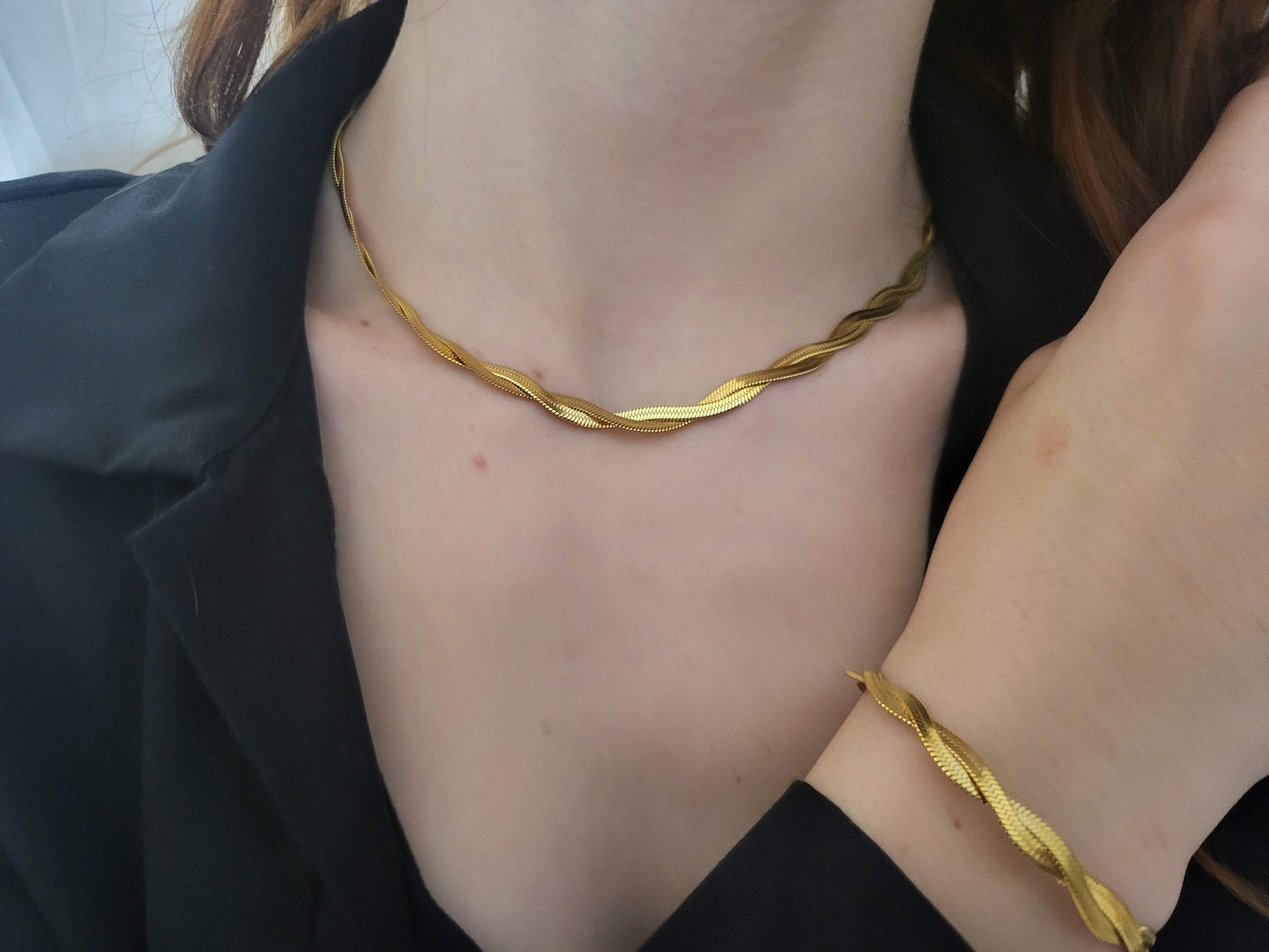 Gold Filled Double Braid Herringbone Choker , Snake Bracelet.