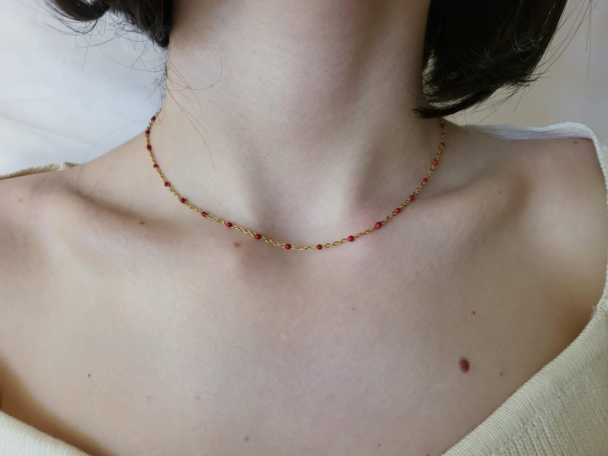 Gold Filled Colorful Beaded Necklaces, Red, White , Green Beaded ,Waterproof, Gift For Her.