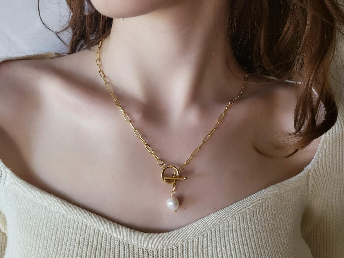 Gold Filled Non Tarnish Toggle Claps Paperclip Necklace, Freshwater pearl Pendant, WATERPROOF.