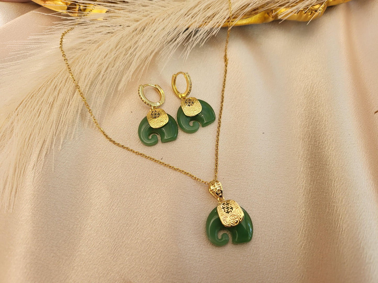 Gold Filled Green-White Natural Elephant Jade Earrings -Necklace, WATERPROOF Adjustable Chains.