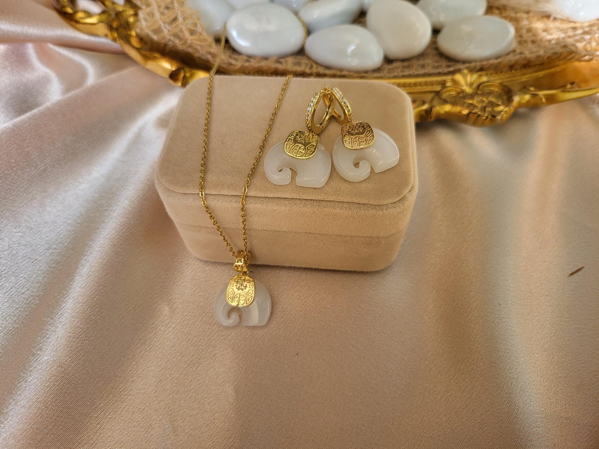 Gold Filled Green-White Natural Elephant Jade Earrings -Necklace, WATERPROOF Adjustable Chains.