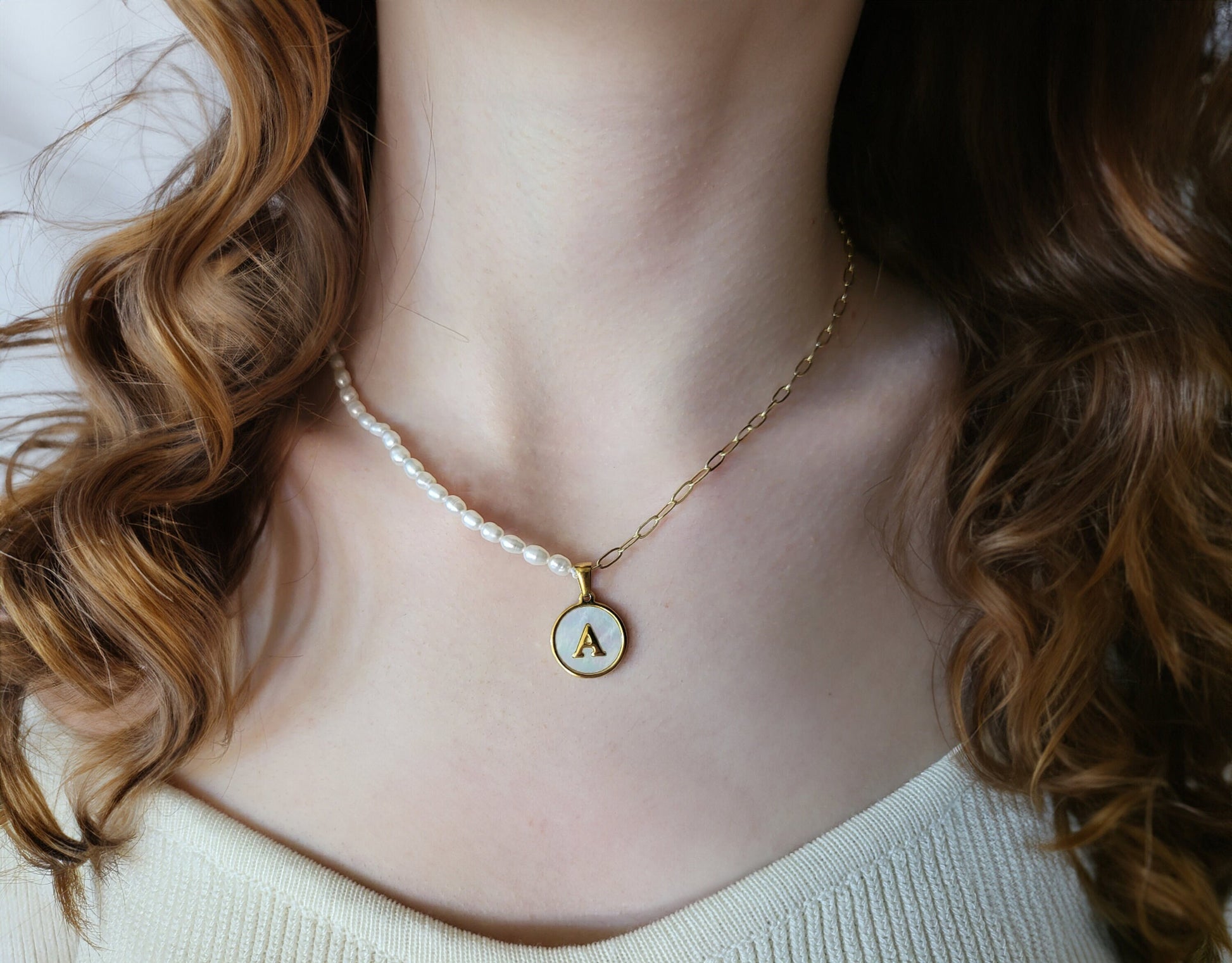 Gold Filled Tiny Link Real Pearl Initial Necklace, WATERPROOF, Gift For Her.