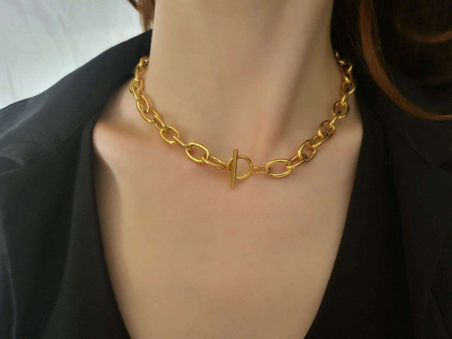 Gold Filled Non Tarnish Toggle Claps Chain Necklace ,Chunky Bracelet, WATERPROOF.