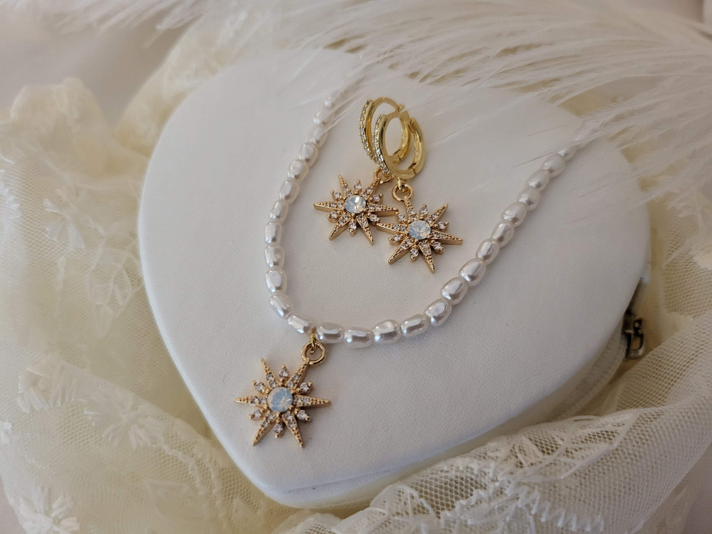 Gold Filled Opal Star Necklace, Star Earrings, WATERPROOF Adjustable Chains.