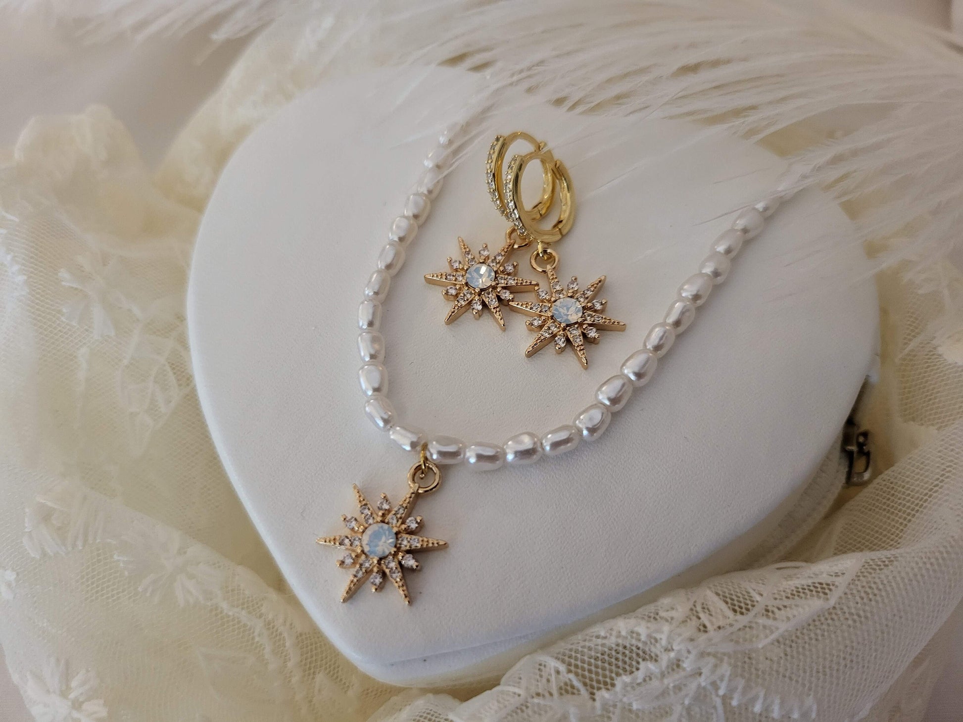 Gold Filled Opal Star Necklace, Star Earrings, WATERPROOF Adjustable Chains.