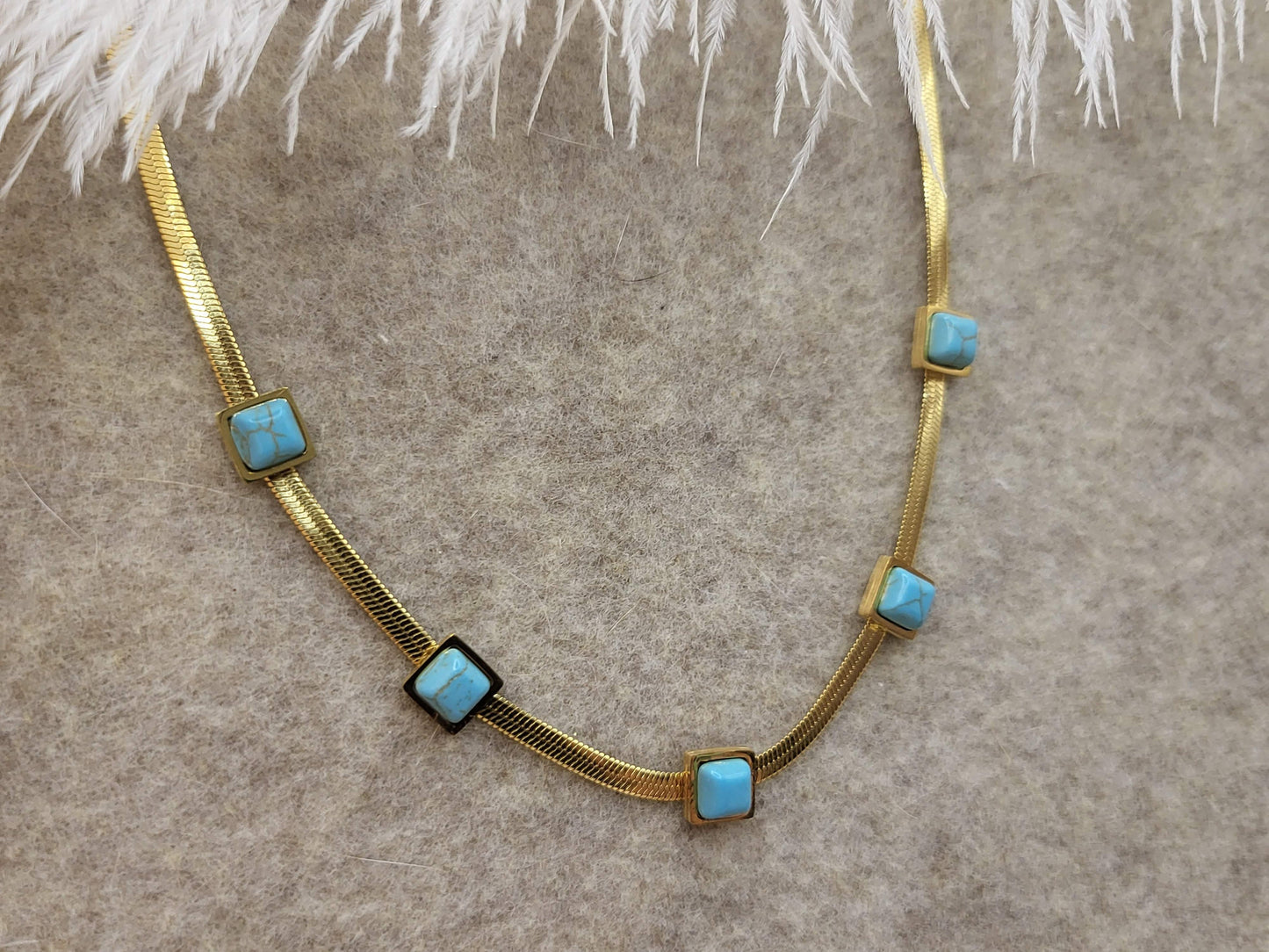 Gold Filled Turquoise Snake Chain Necklace, Gemstone Pendant Necklace, WATERPROOF.